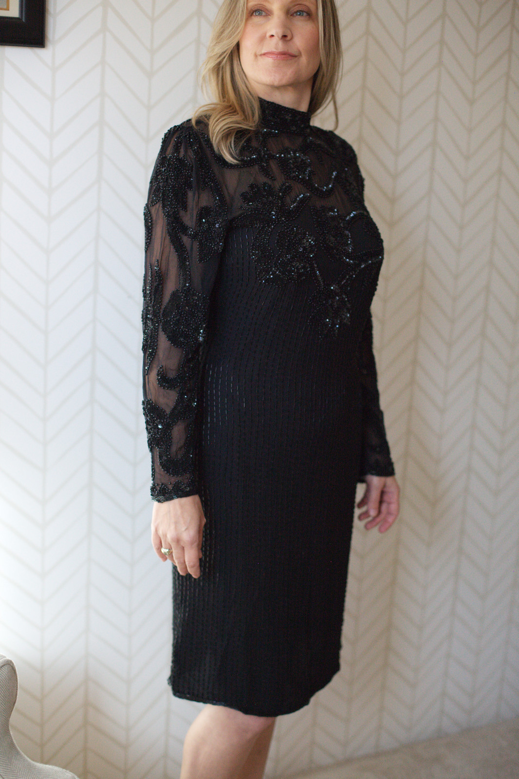 Vintage 80s Black Silk Beaded Sequin Formal Semi-Formal Cocktail Length Dress