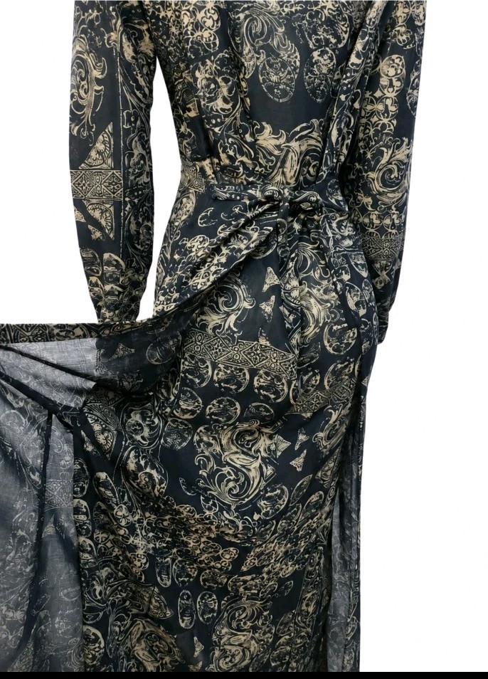 Carole Little Vintage MAXI DRESS Rayon Gauze Black & Brown Art To Wear Size M #C