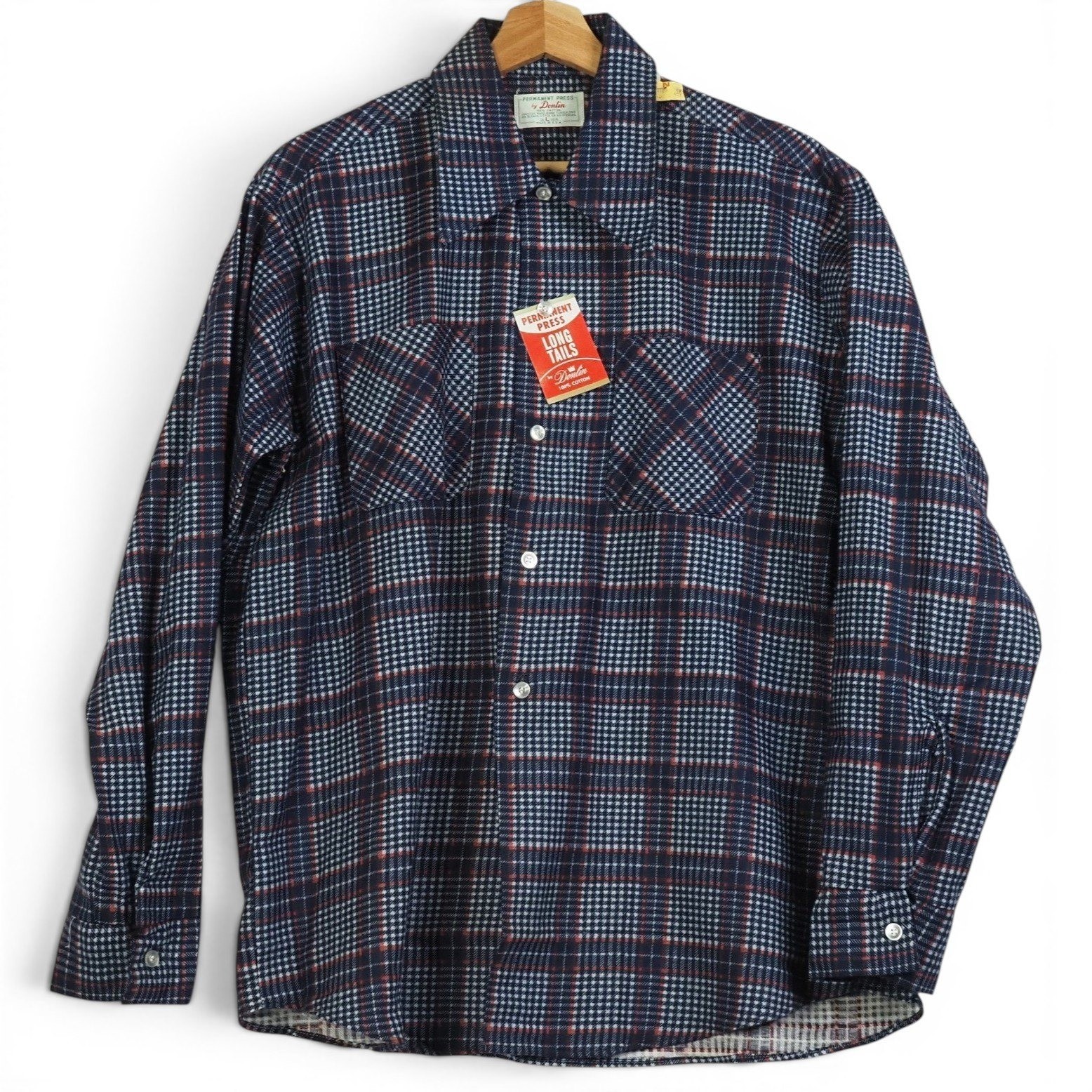 VTG 70s Donlin Mens Flannel Shirt L 16 16.5 Deadstock Blue Plaid Cotton USA NWT