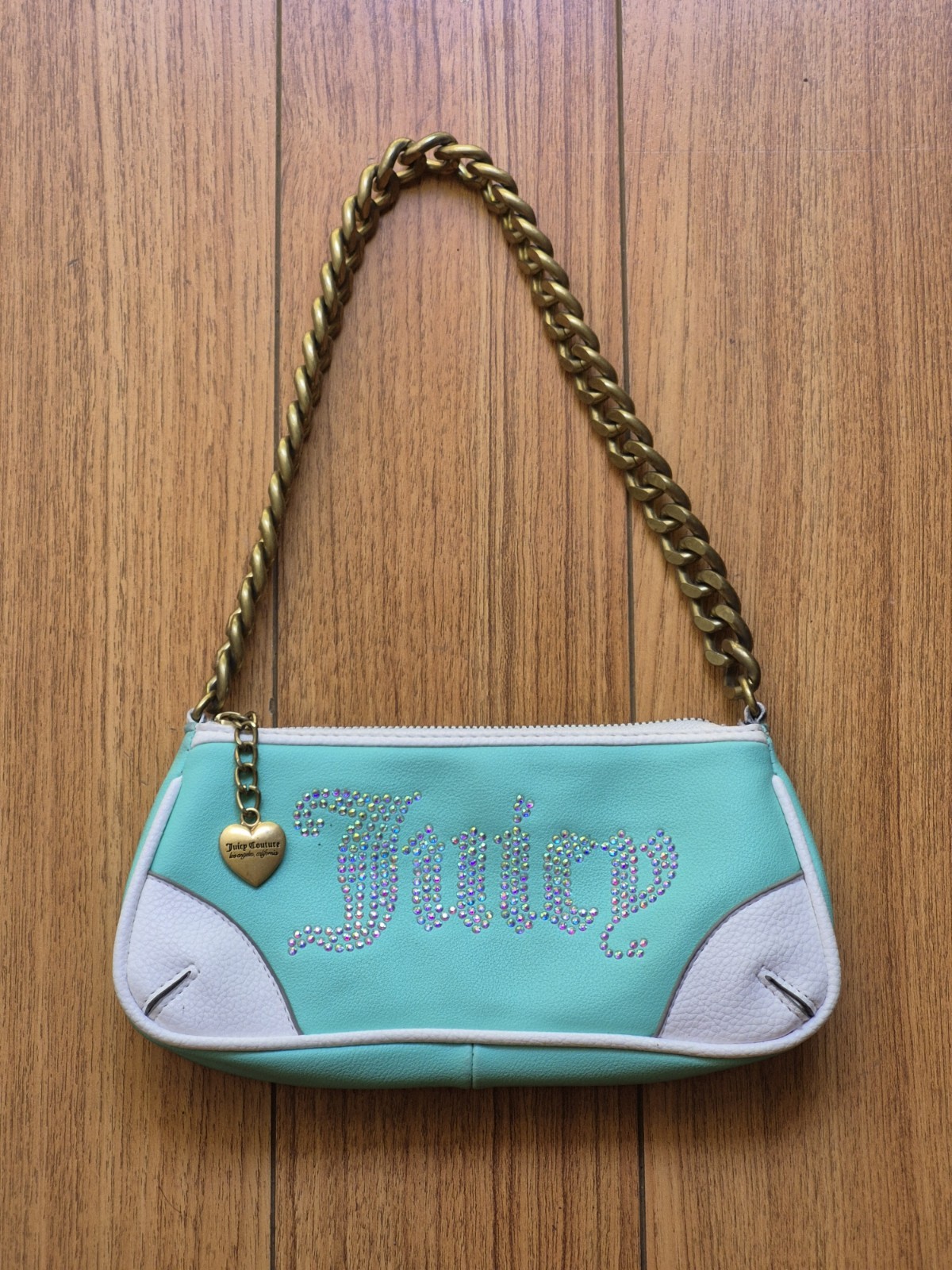 Juicy Couture Y2k Turquoise White Rhinestone Brass Chain Top Women’s Purse Bag