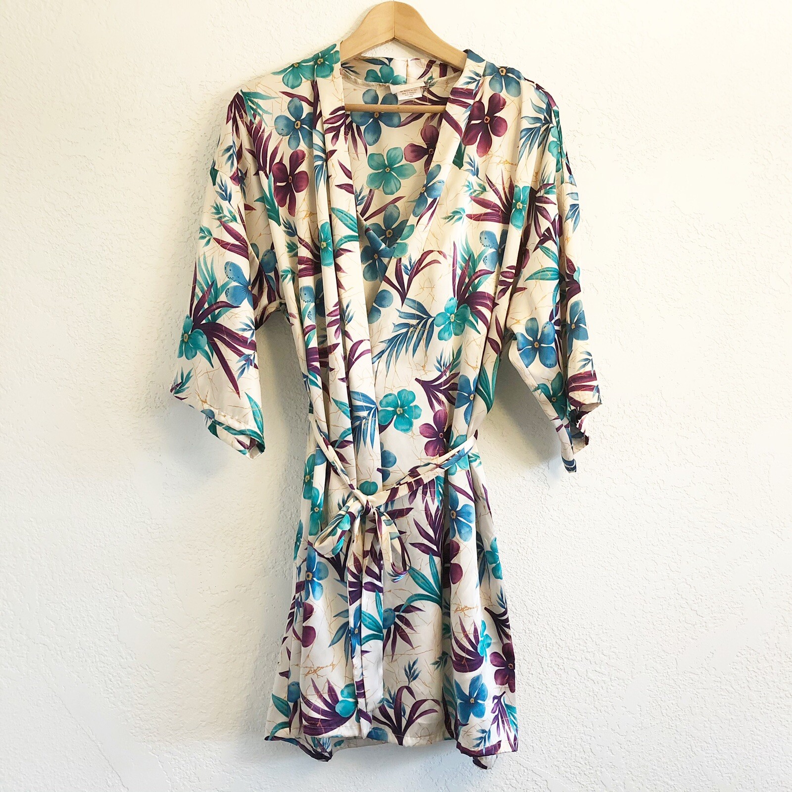 Vintage 90s LA Intimates Kimono Robe & Negligee Tropical Floral Print Size L