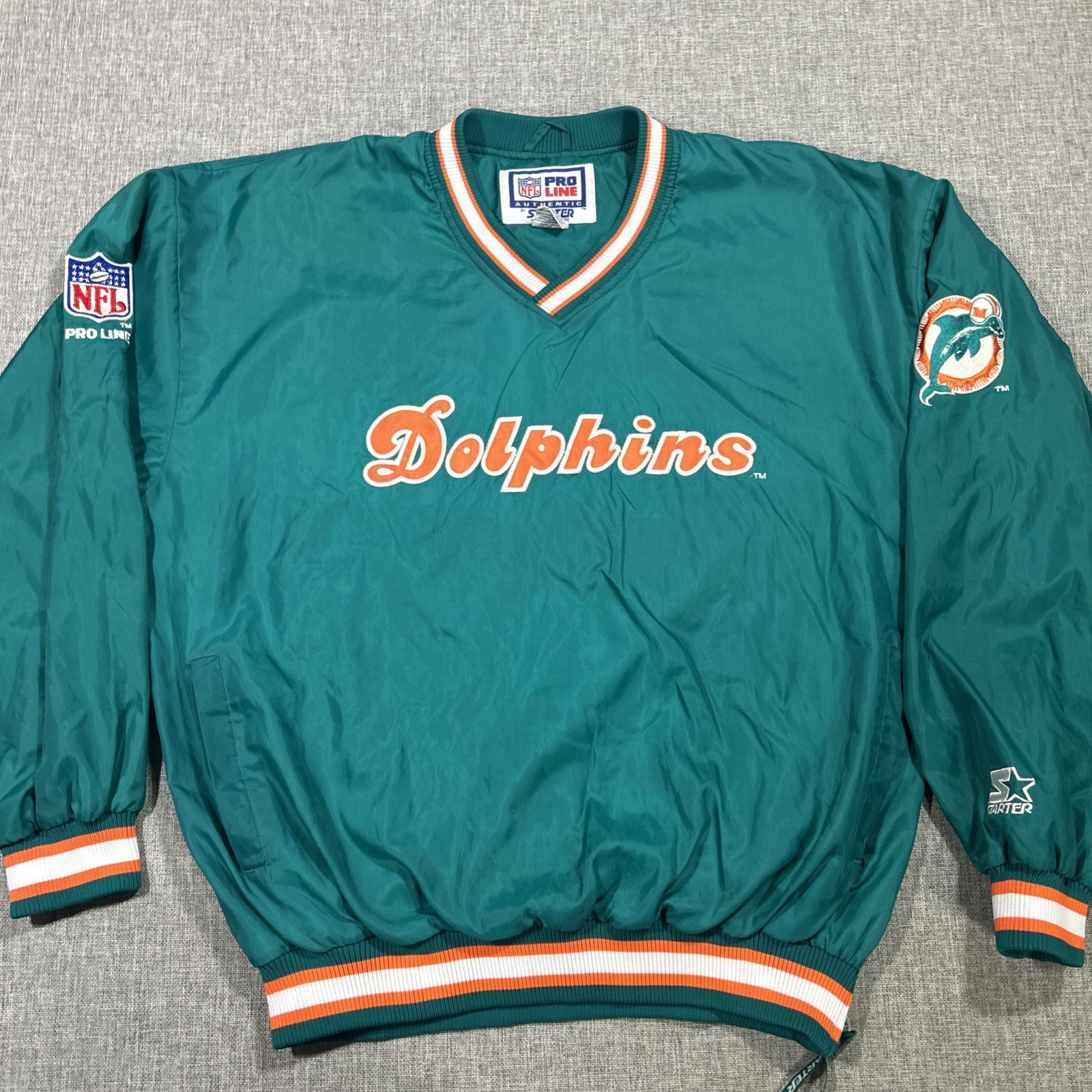 Vintage Miami Dolphins XL NFL Proline Starter Pull Over Green Bomber Jacket