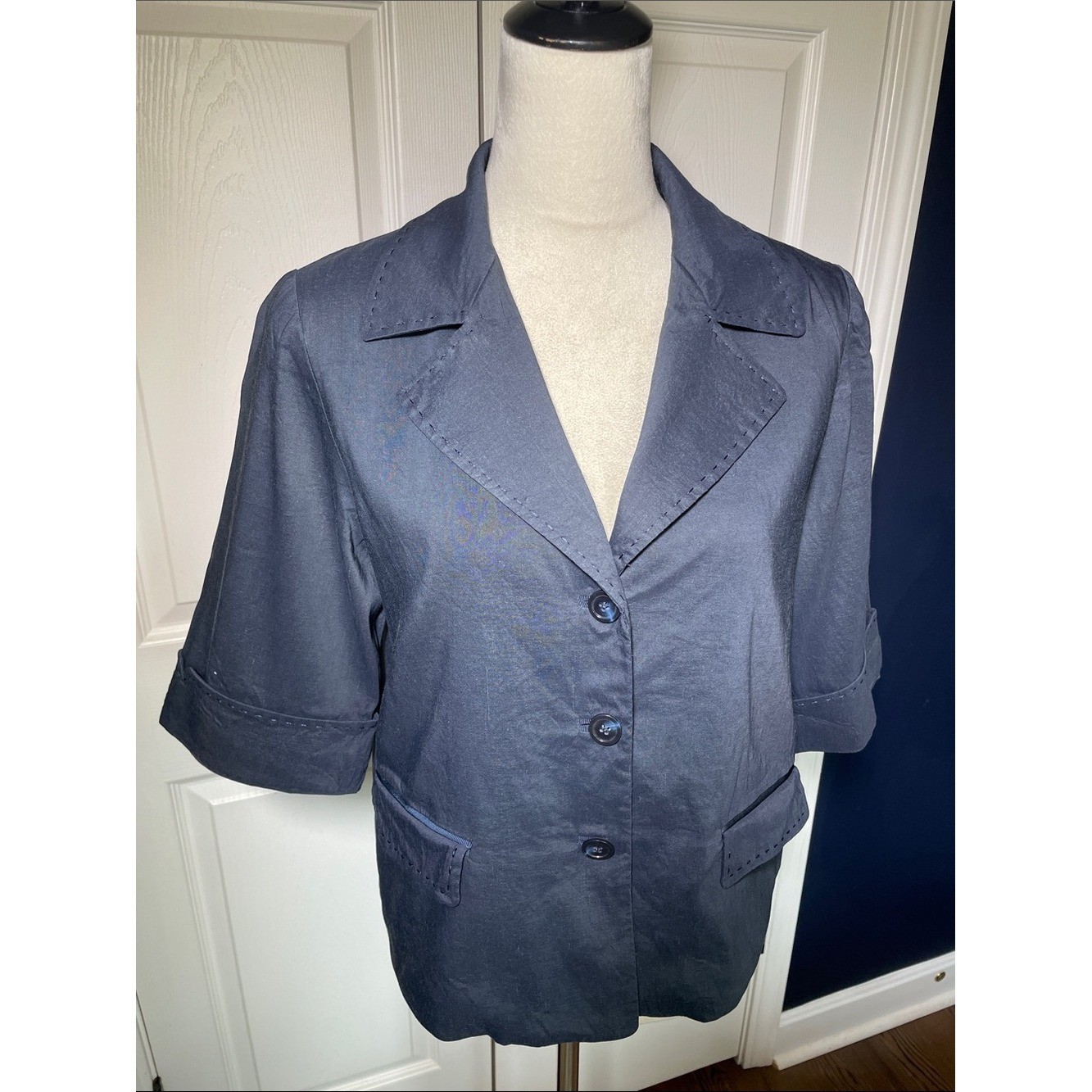 Elie Tahari Navy Blue Collared Short-Sleeve Blazer Linen Blend Size Small