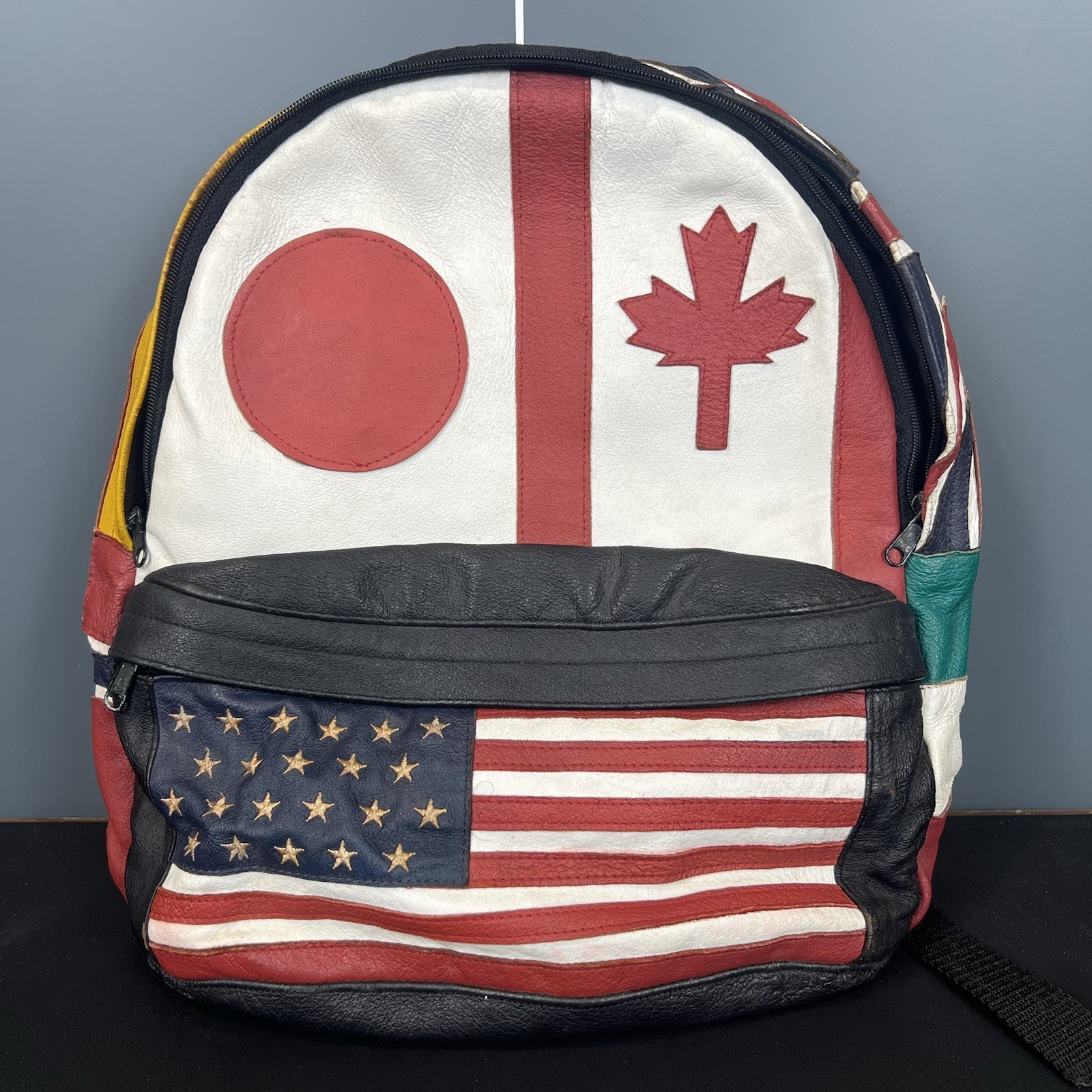 VTG Wilson’s Leather Backpack Retro Patchwork Bag Flag 90’s USA UK Canada JAPAN