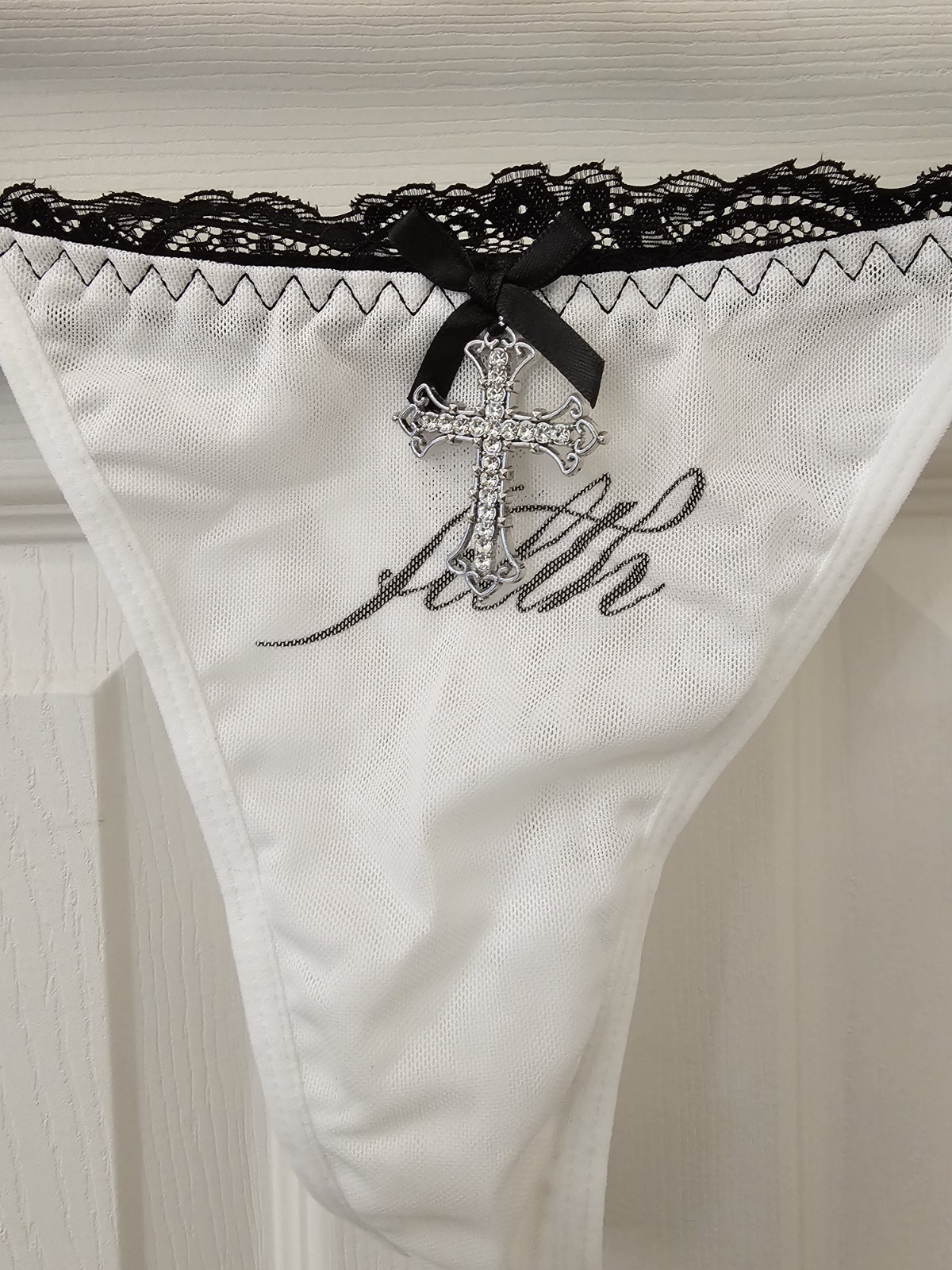 Vintage Girly Gothic Steampunk Punk with Large Jeweled Cross Thong Panties Large