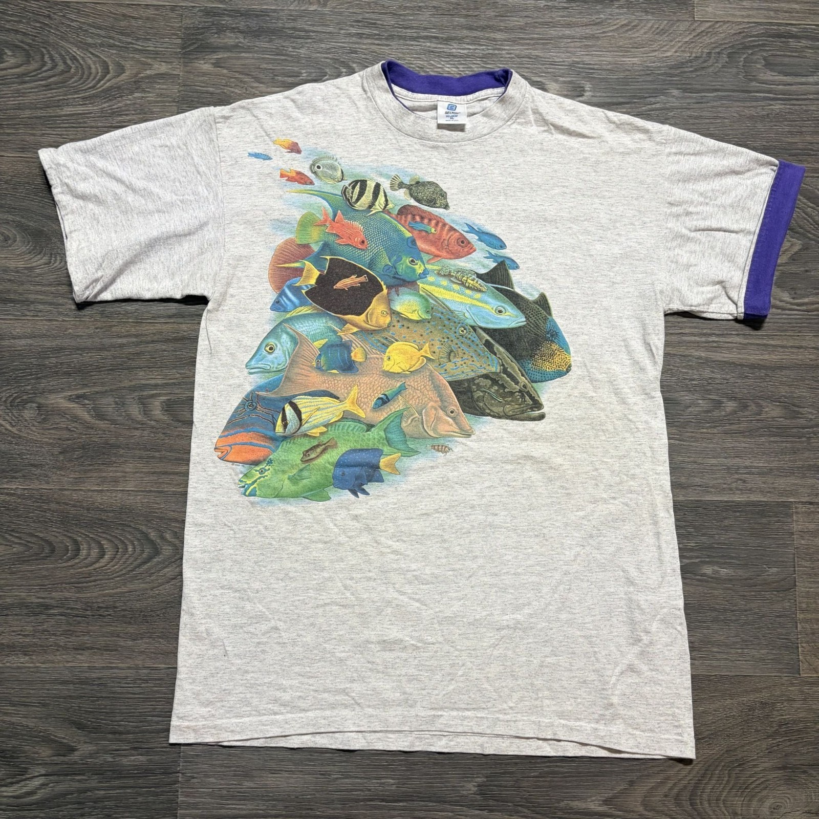 90s Tropical Fish Shirt XL Single Stitch Gray Purple Sleeve Roll Up Belton