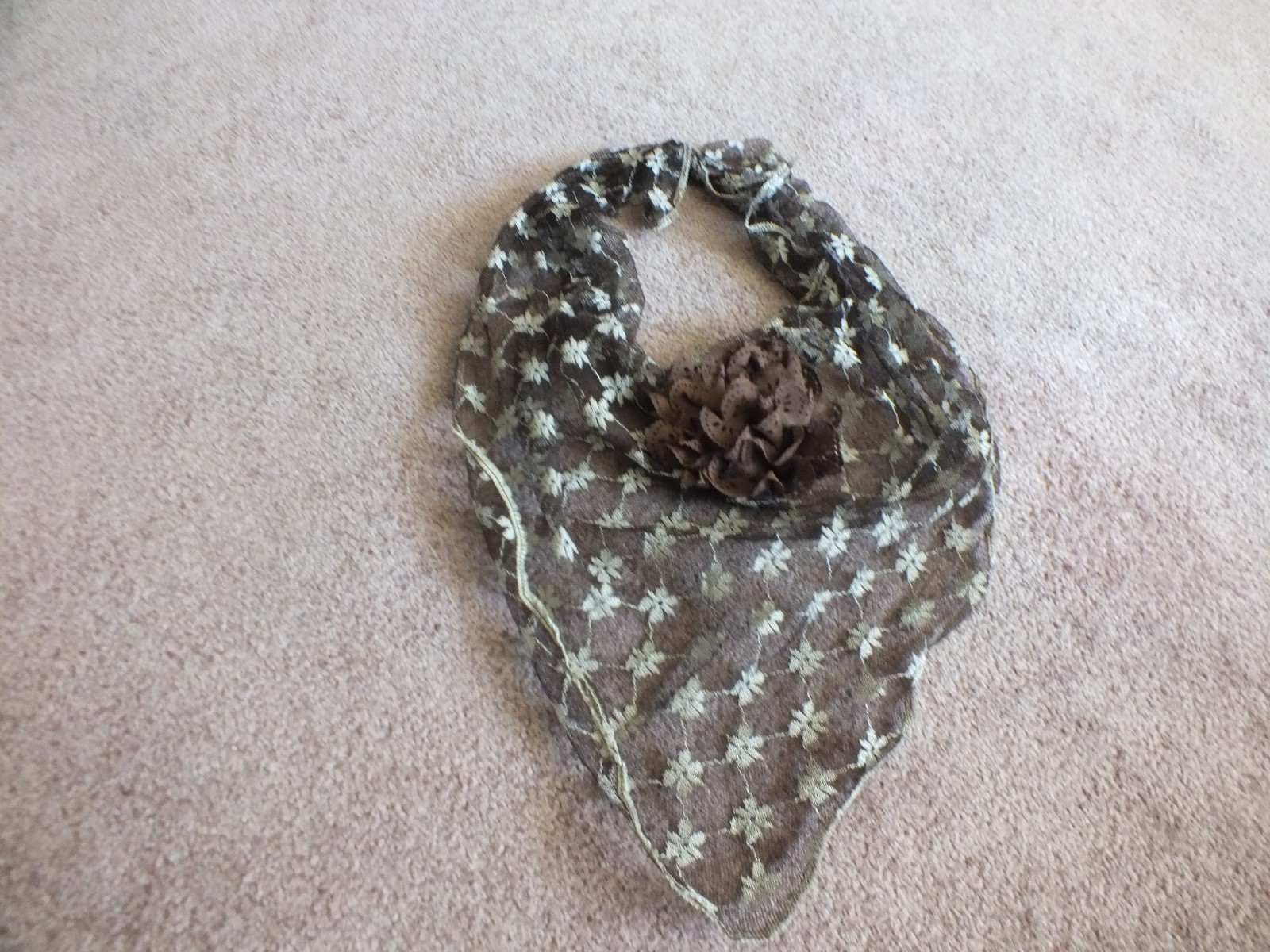 Upcycled Repurposed Scarf Necklace Handmade Flower Brown Beige Lace Tie Back