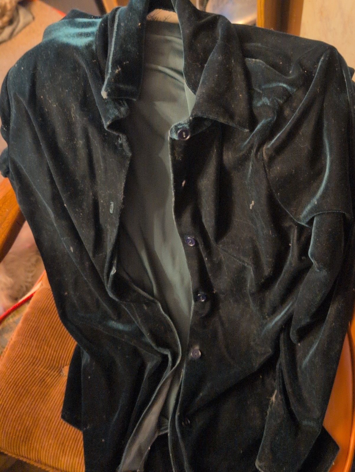Vintage Kathy Lee Size Large Pant Suit Green Button Down Long Sleeve Velvet