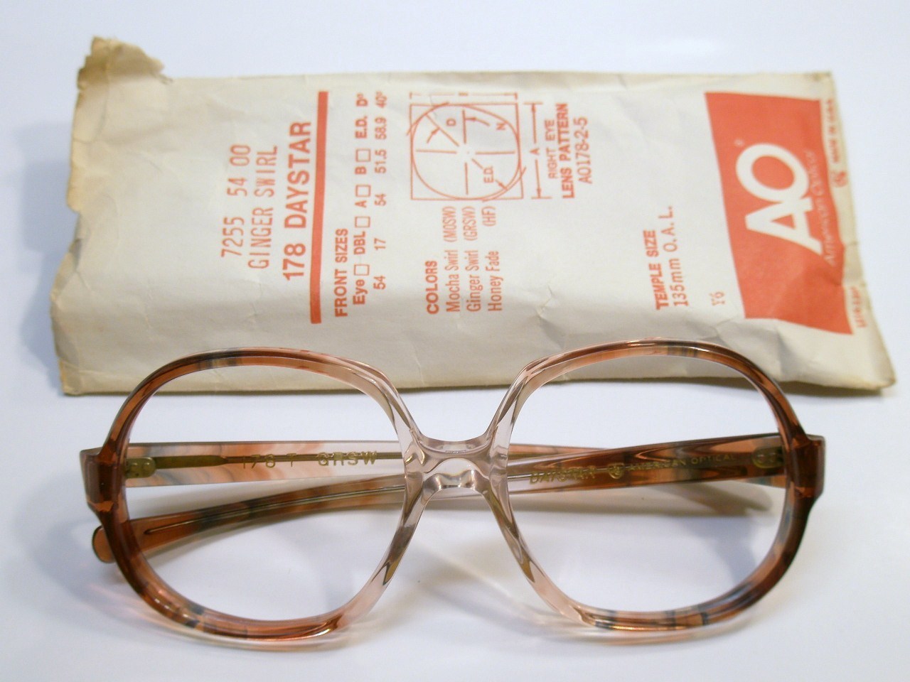 NIP 60s-70s Sun/ Eyeglasses Frame A/O American Optical DAYSTAR 178 Ginger Swirl