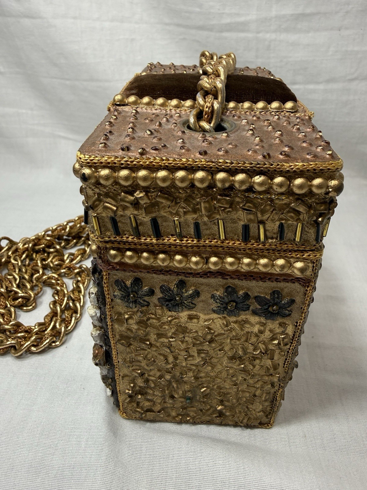 Mary Frances Victorian Style Vintage 1990s Embellished And Beaded Gold Mache Bag