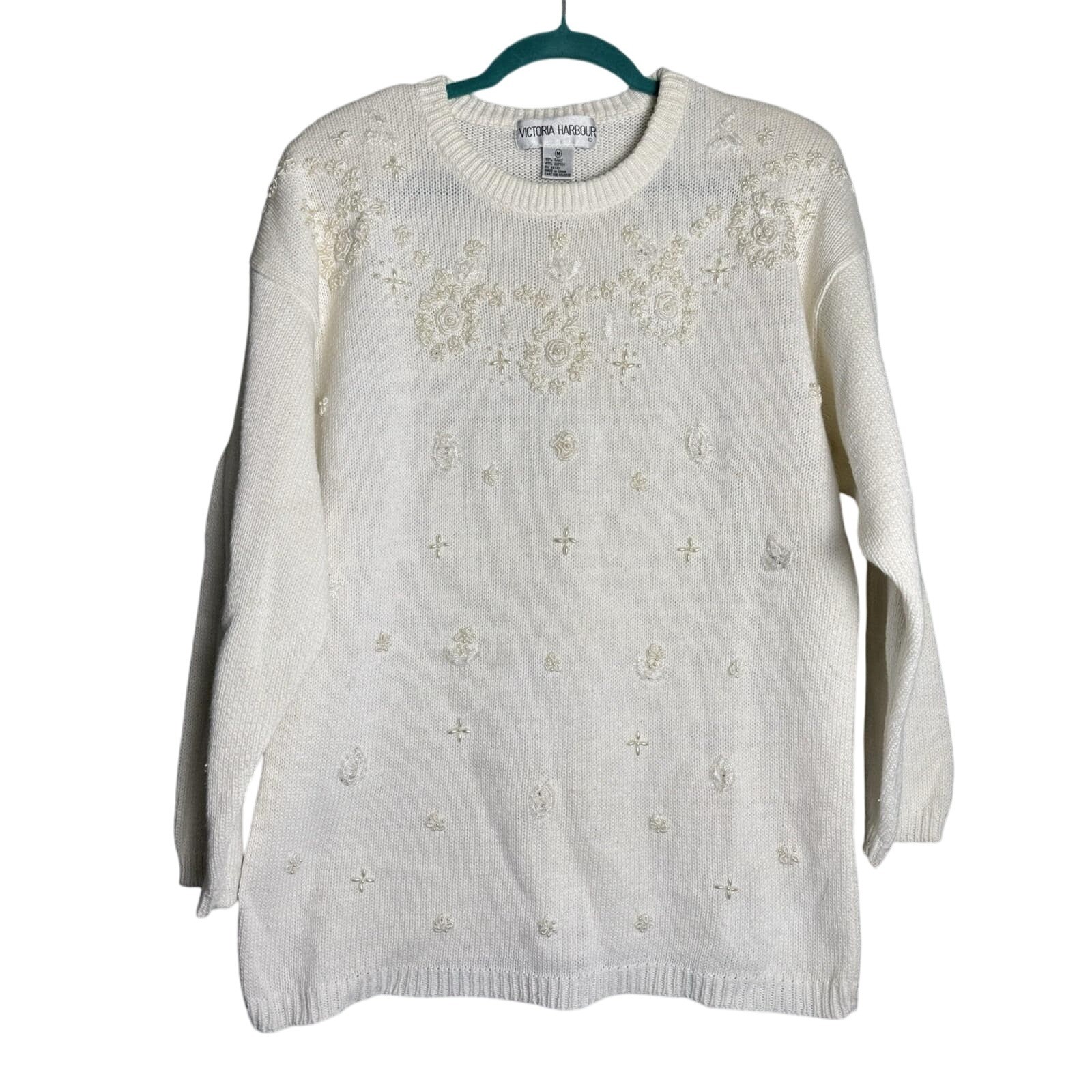 Vintage 80s/90s Beaded Pearls Floral Embellished Ivory Sweater MED/LARGE Long