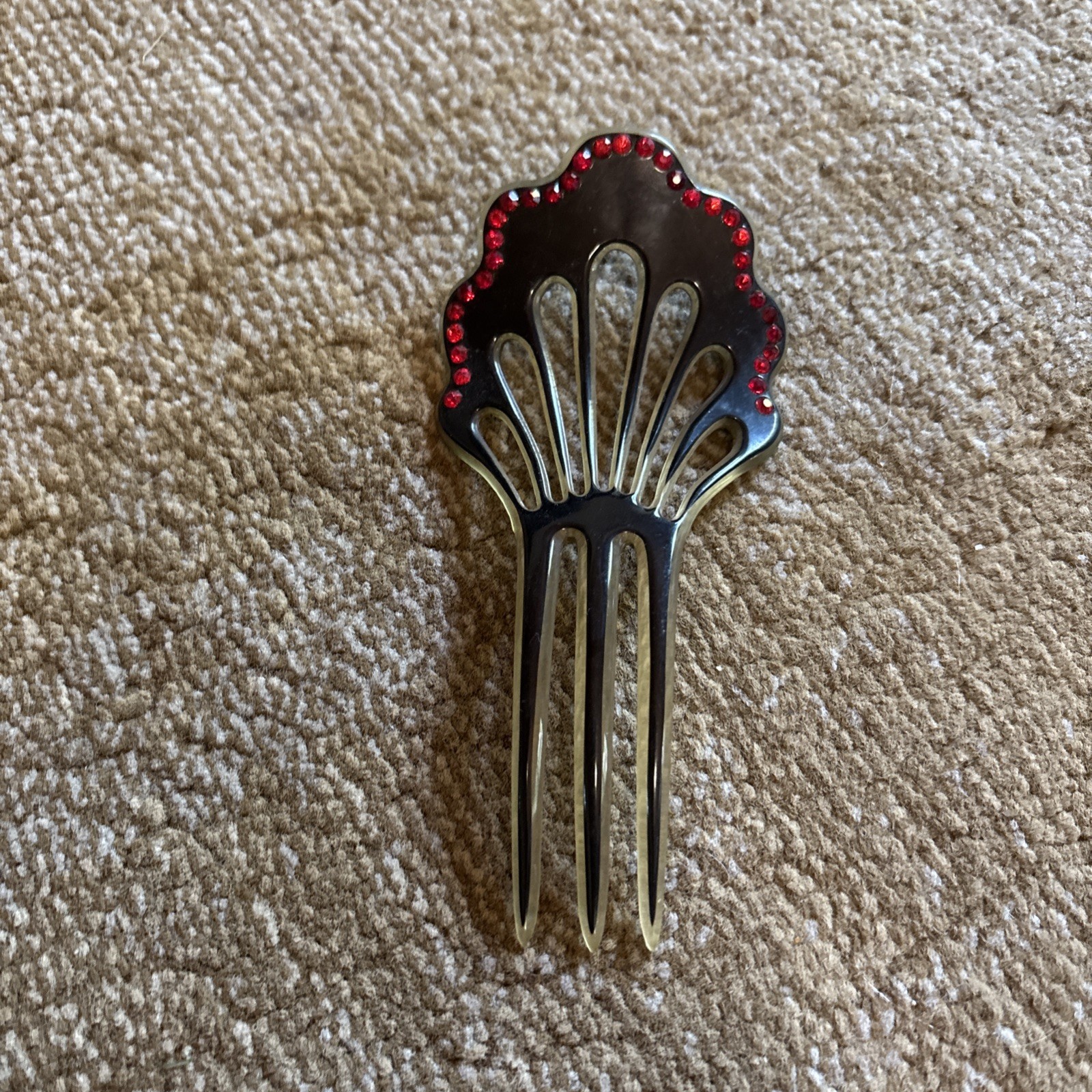 Elegant 1920s Two Tone Celluloid Triple Fork Hair Comb Red Rhinestones Scroll