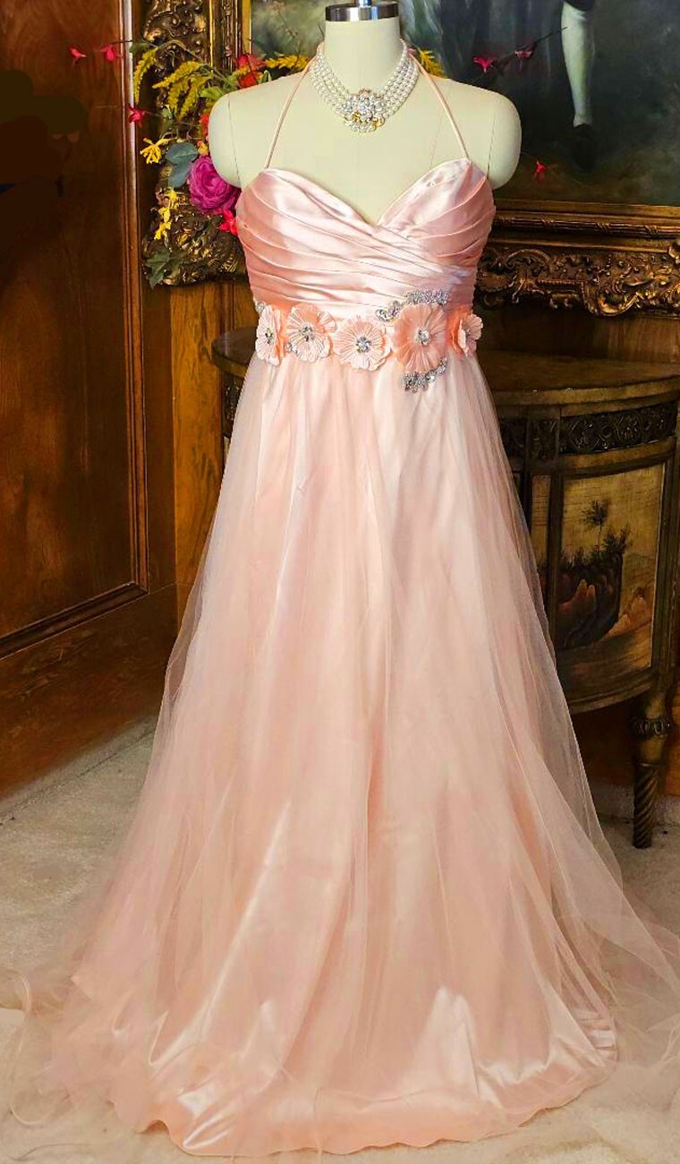 BLONDIE NITES NEW OLD STOCK SATIN SEQUIN ARTIFICIAL FLOWERS PLEATED EVENING GOWN