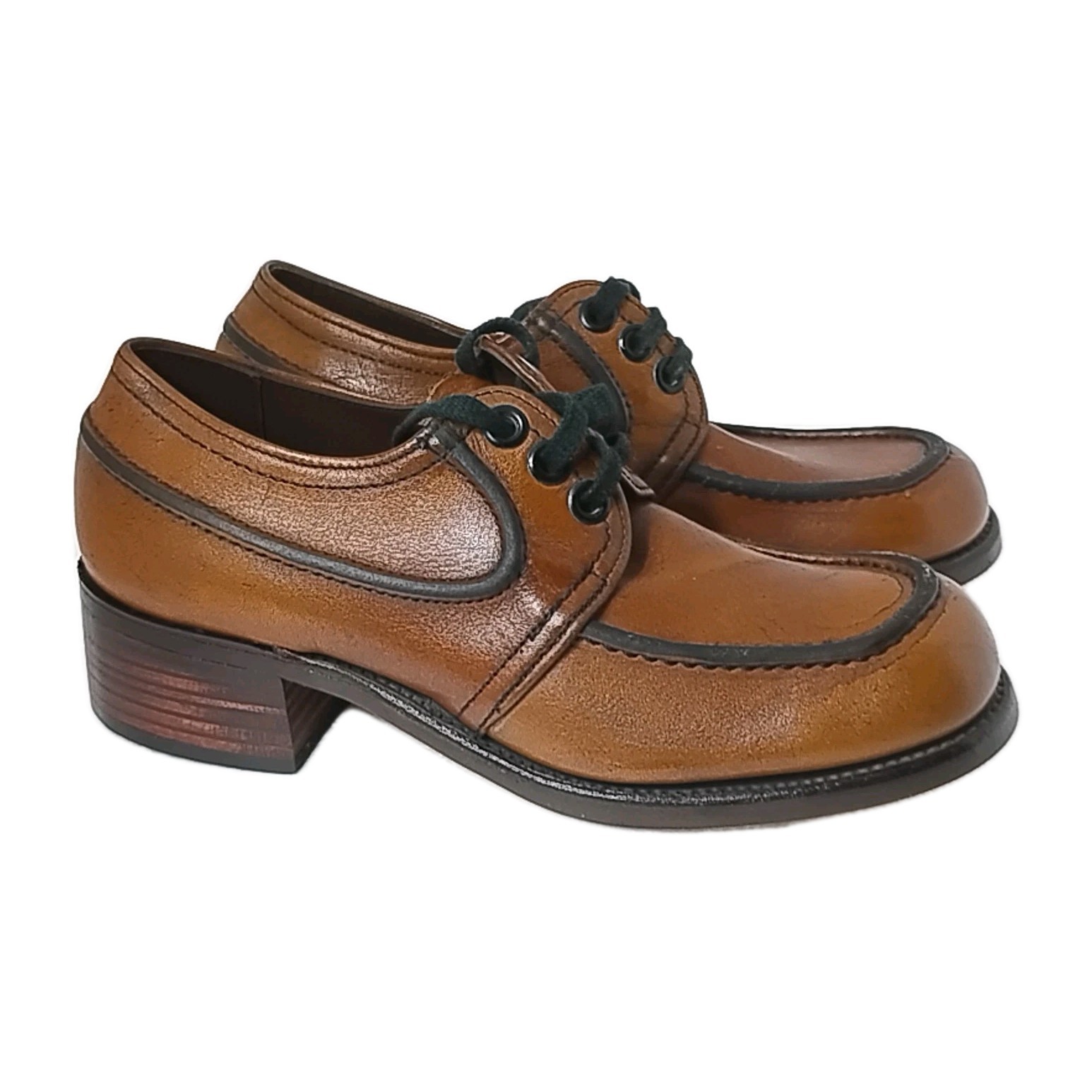 Vintage Deadstock 1970s Brown Leather Platform Oxfords Made In Usa 9d