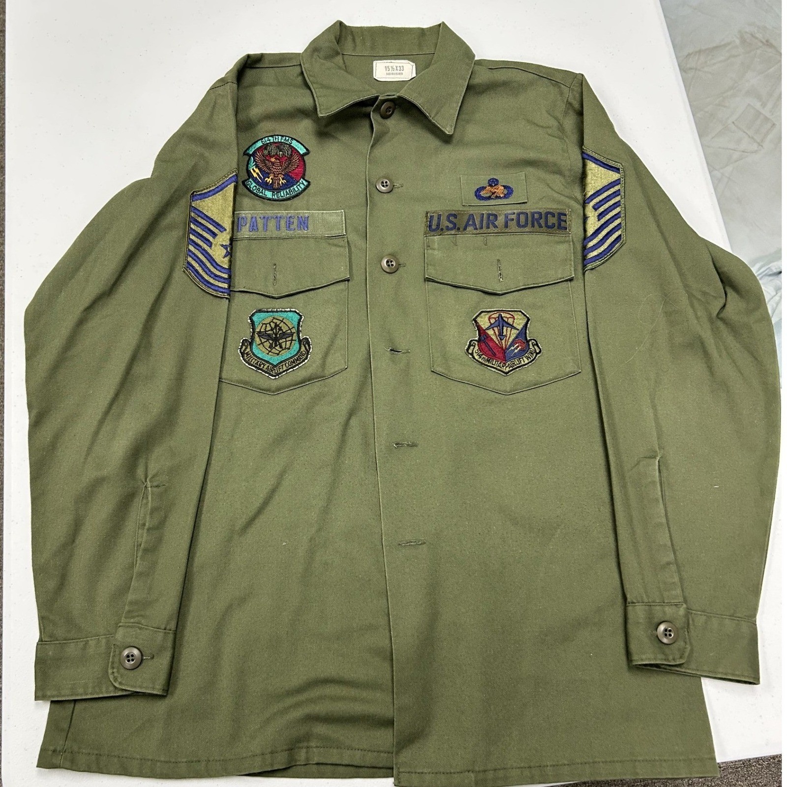 Vintage US Air Force Utility Shirt Mens 15.5×33 Green Excellent Patch OG-507