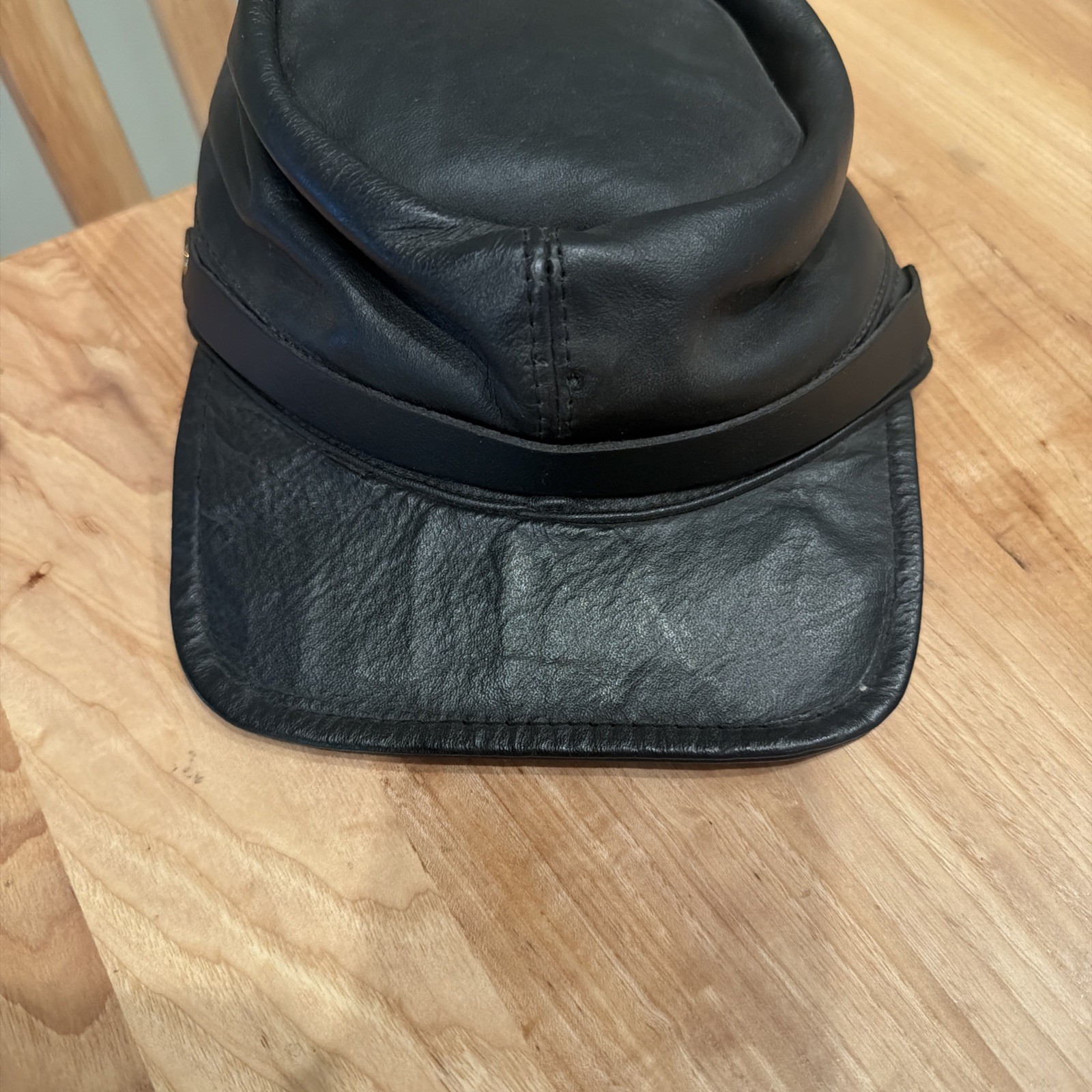 Vintage Black 1980s Leather Biker Cap USA Captains Motorcycle Hat