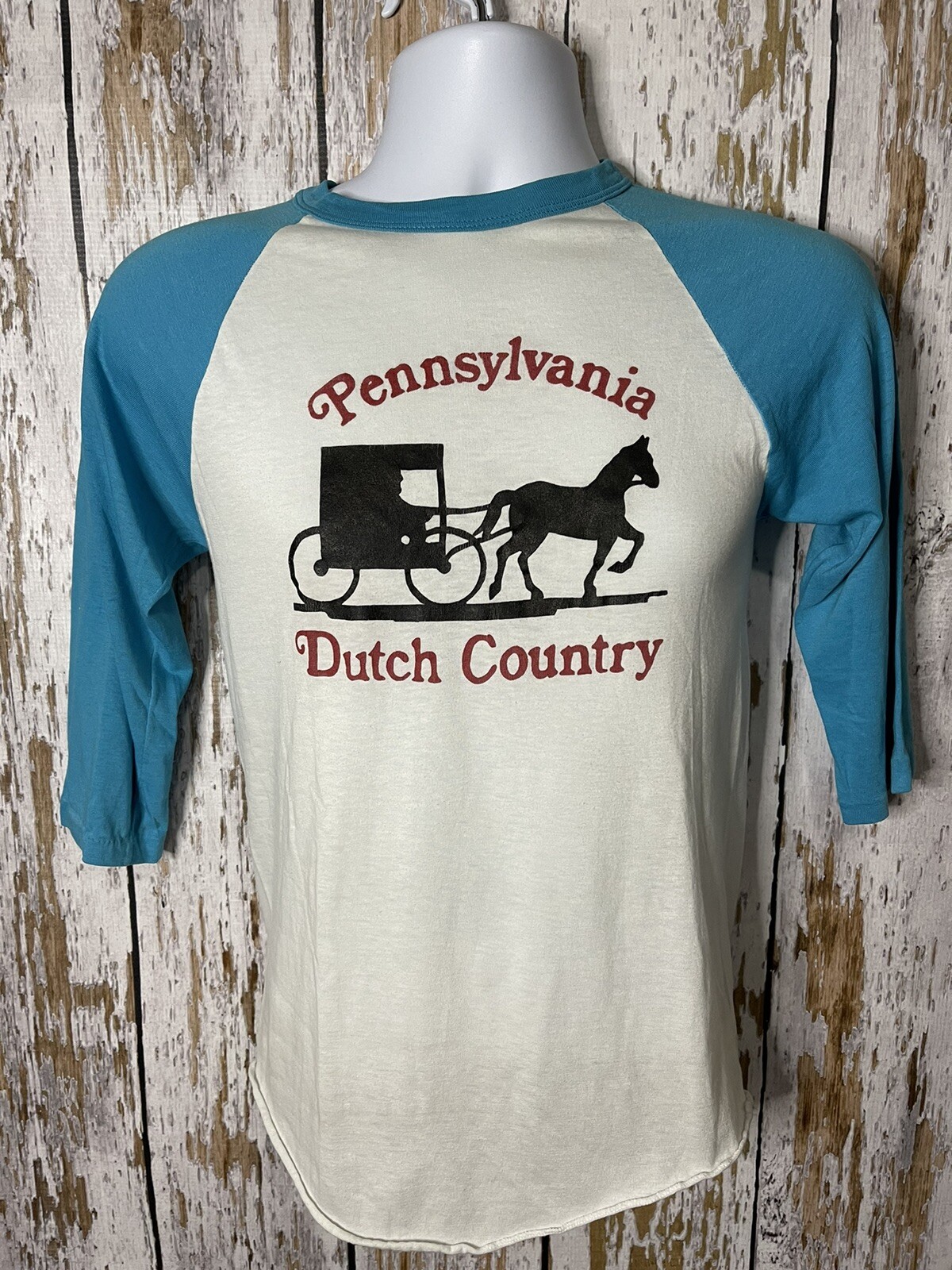 Vtg Pennsylvania Dutch Country Raglan 3/4 Sleeve Turquoise T Shirt Sz M