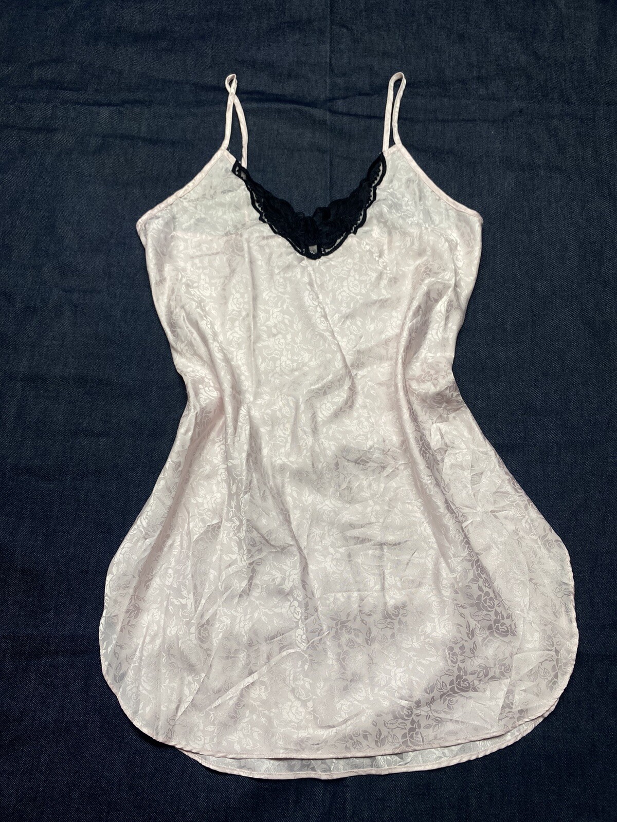 VTG Pollinaise Lingerie Babydoll Dress M Baby Pink & Black Lace Made in USA
