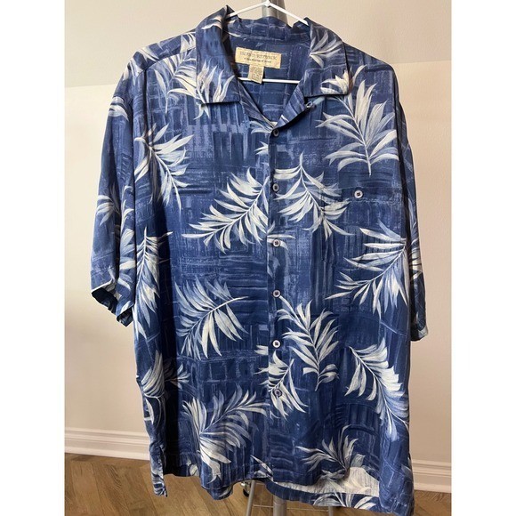 Vintage Island Republic Men XL Blue 100% Silk Tropical Palm Leaf Print Campshirt