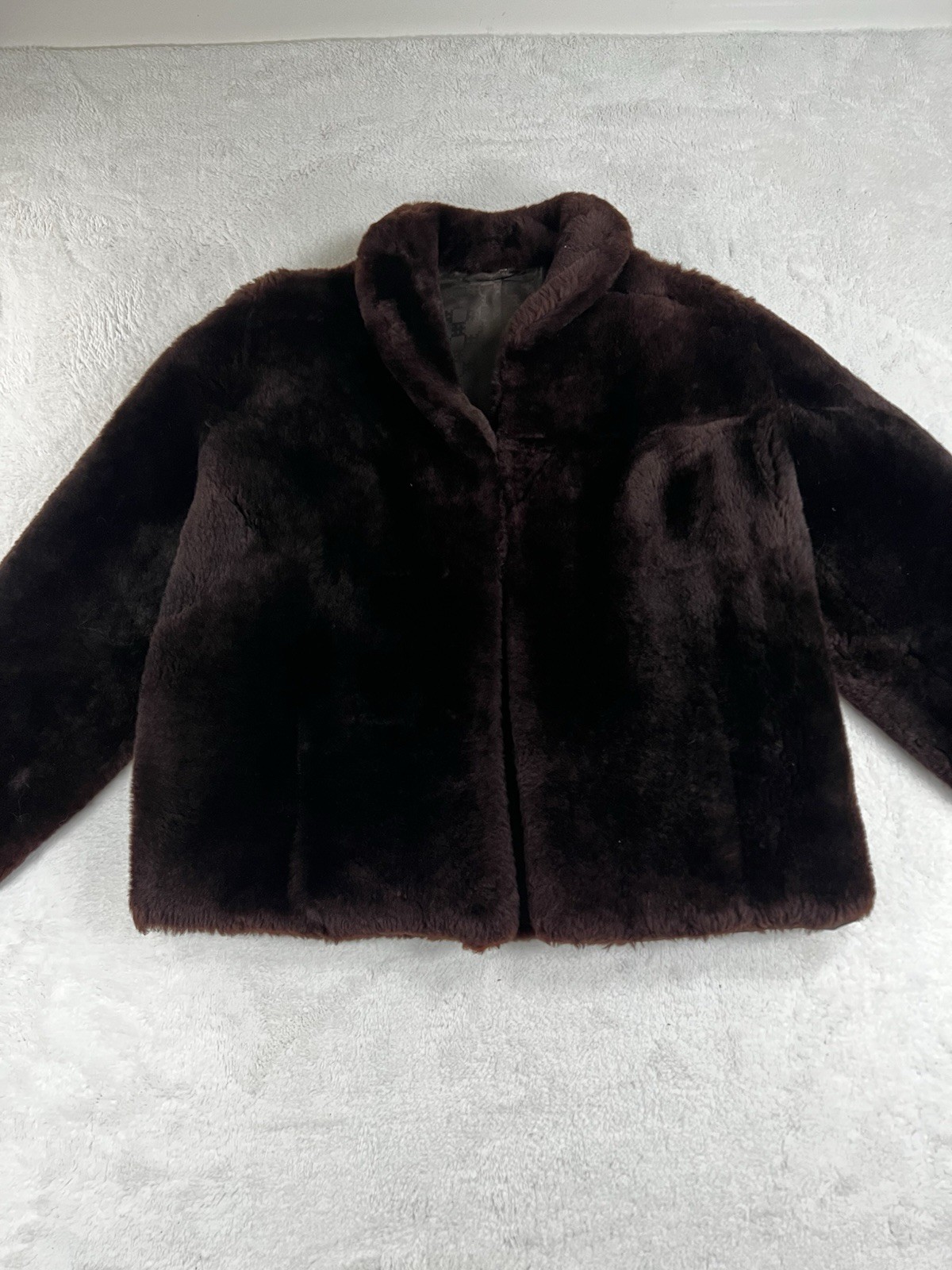Vintage 1960s ILGWU Brown Faux Fur Cropped Jacket Coat Rose Buttons Small S