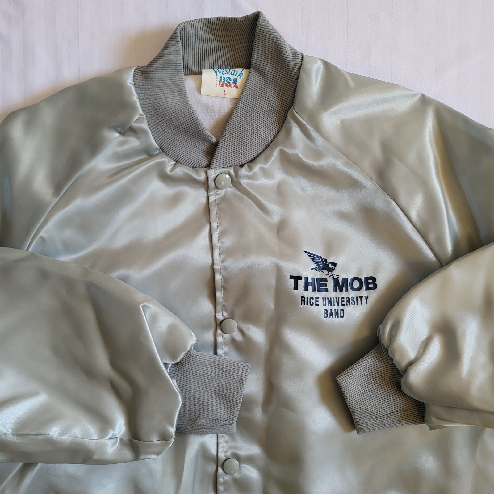 VTG Westark Rice University THE MOB Marching Band Satin Bomber Jacket L Silver