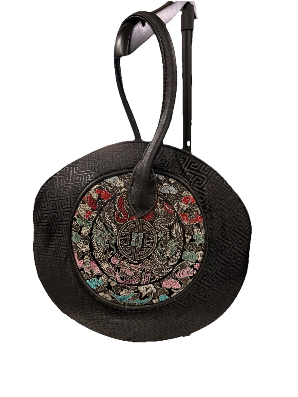 Vintage Chico Purse Oriental Design Loop Handle Round Shape Embroidery Asian Blk