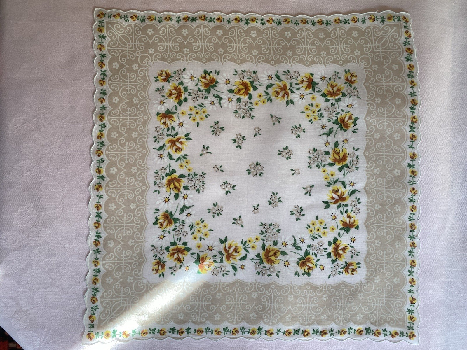 Vintage Floral Handkerchief Tan Floral Flowers Botanical Cottage Country Chintz