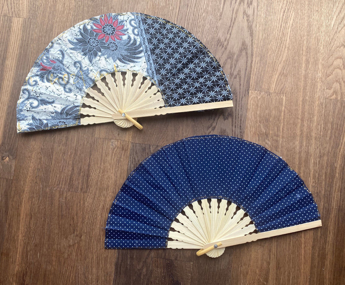 2 Blue Gray Fans Hand Bamboo Cloth Handmade Indonesia New Avenico Summer #715E