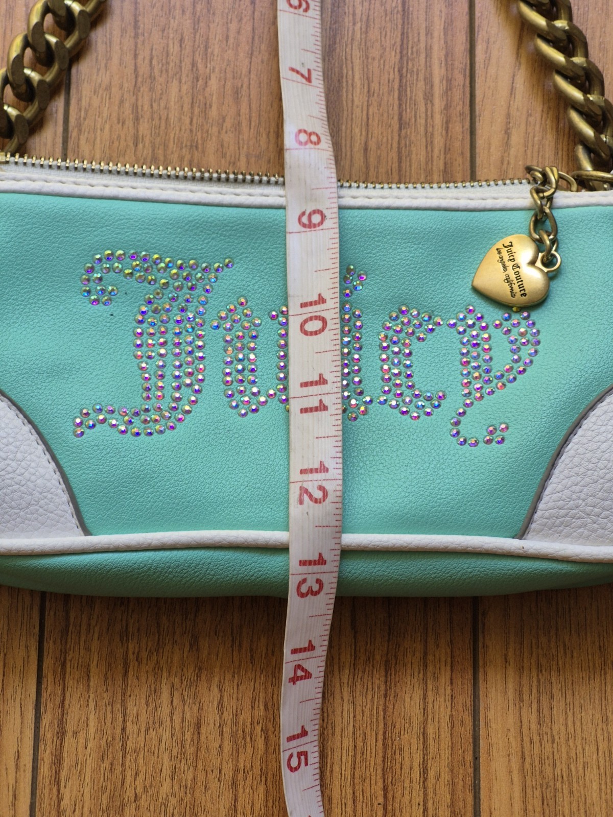 Juicy Couture Y2k Turquoise White Rhinestone Brass Chain Top Women’s Purse Bag