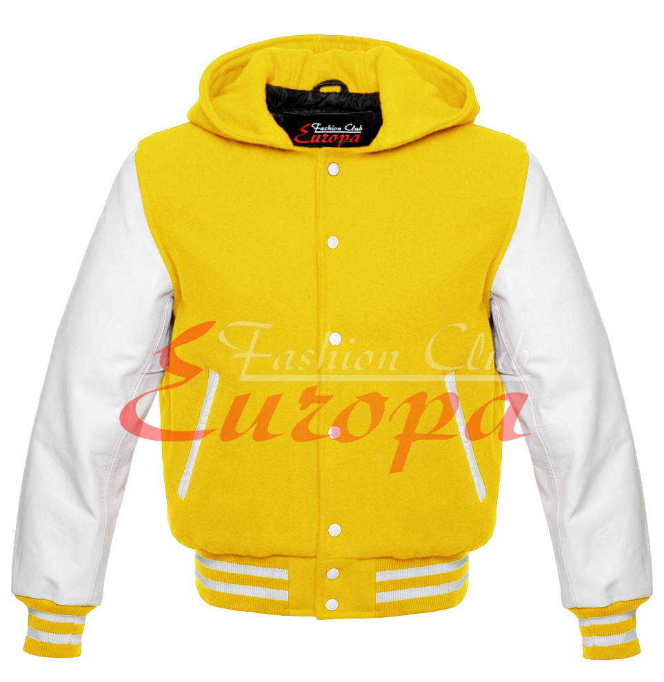 Real White Leather Sleeves Letterman College Varsity Unisex Wool Hoodie XS-7XL