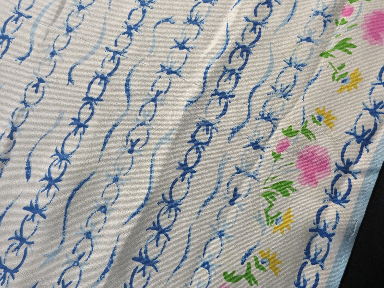 Vintage Vera Long Rectangle Scarf White, Lt Blue, Indigo, Yellow, Pink, Floral