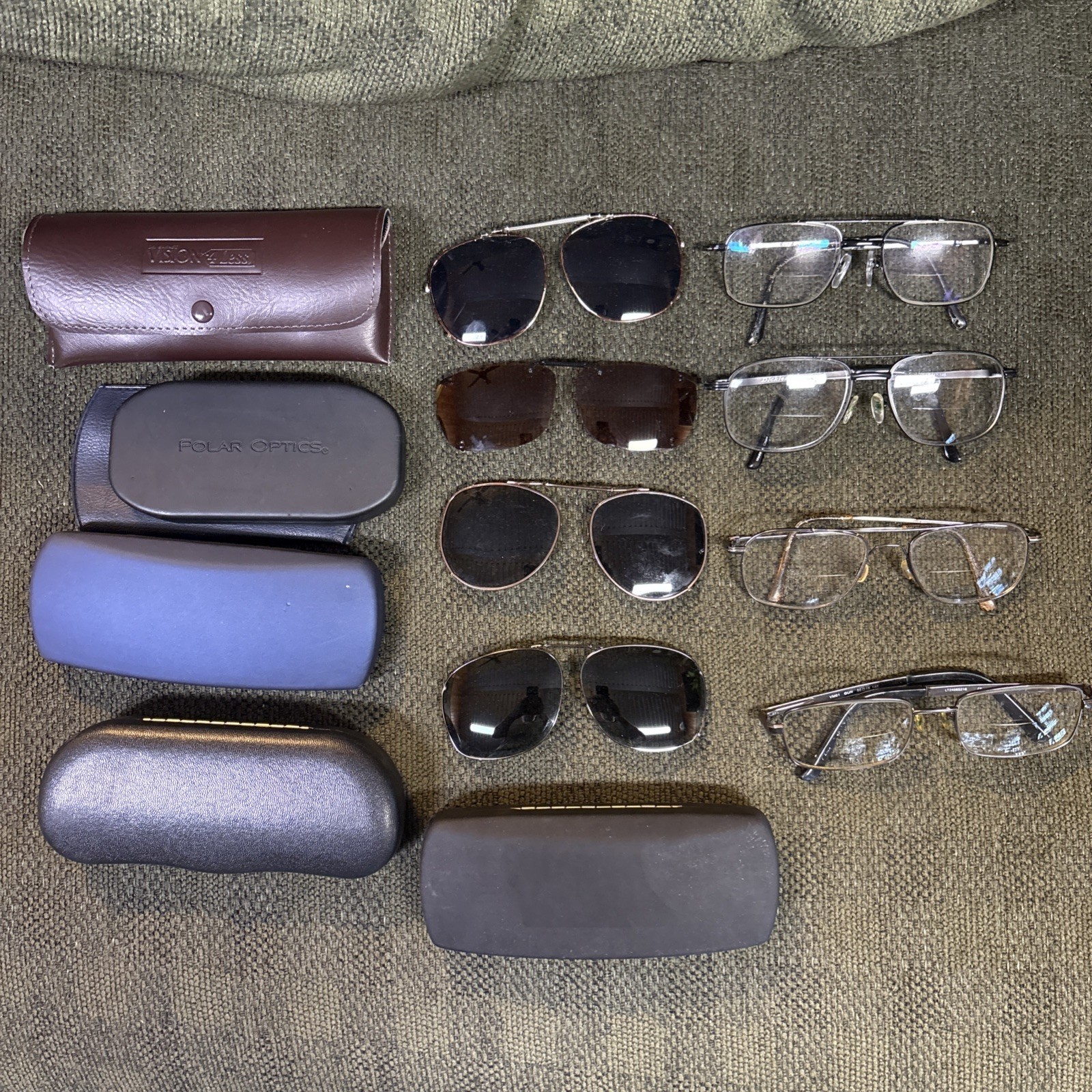 Lot Of Men’s Style Frames And Clip On Sunglasses Assorted Cases 14 Total