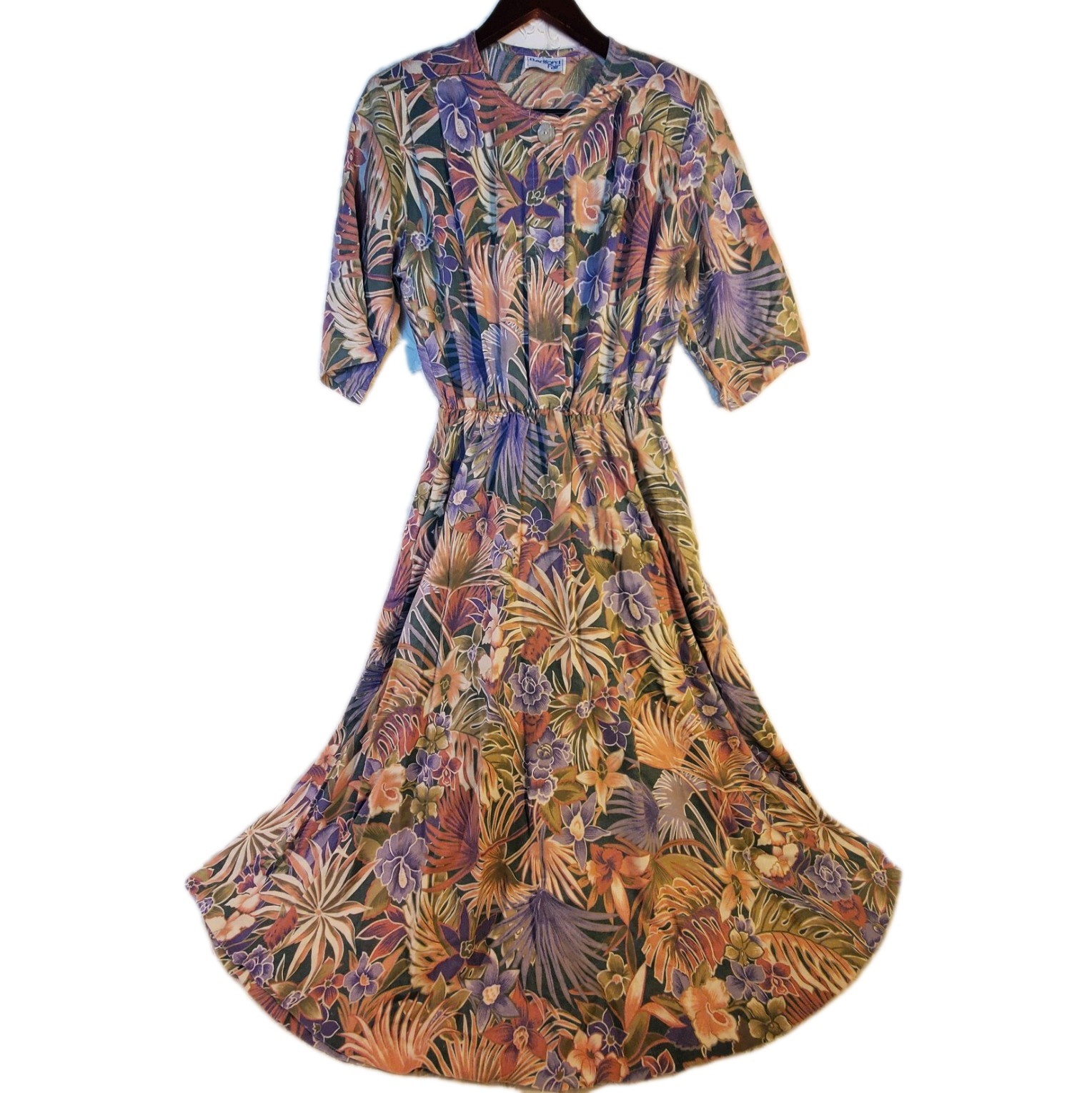 Bedford Fair Pastel Hawaiian Tropical Floral Print Vintage Dress 80s/90s