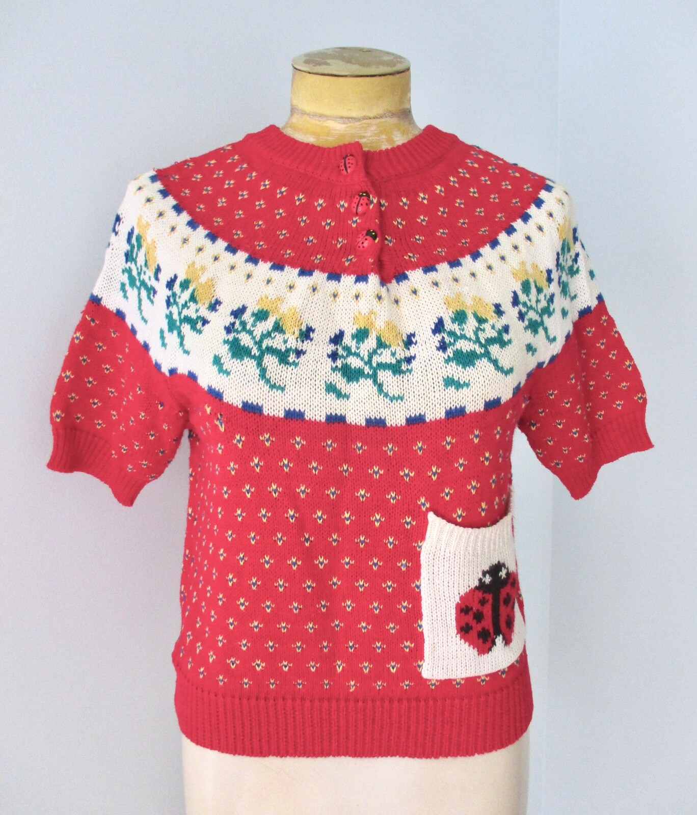 Vtg 80s Eagle’s Eye red birds eye cottage core sweater ladybug buttons pocket S