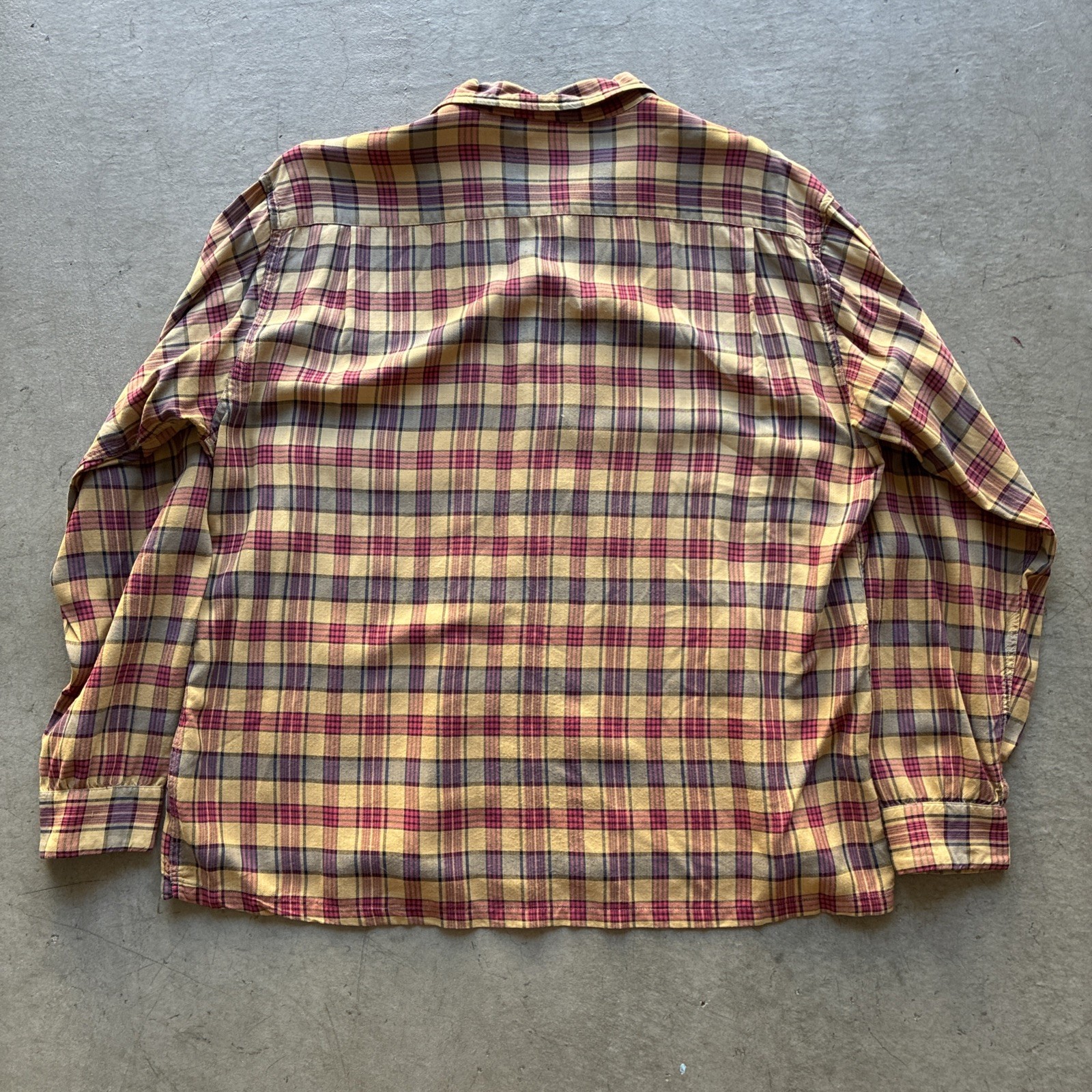 Vintage 50s 60s Yellow Plaid Paddle & Saddle Rockabilly Rayon Flannel Shirt L