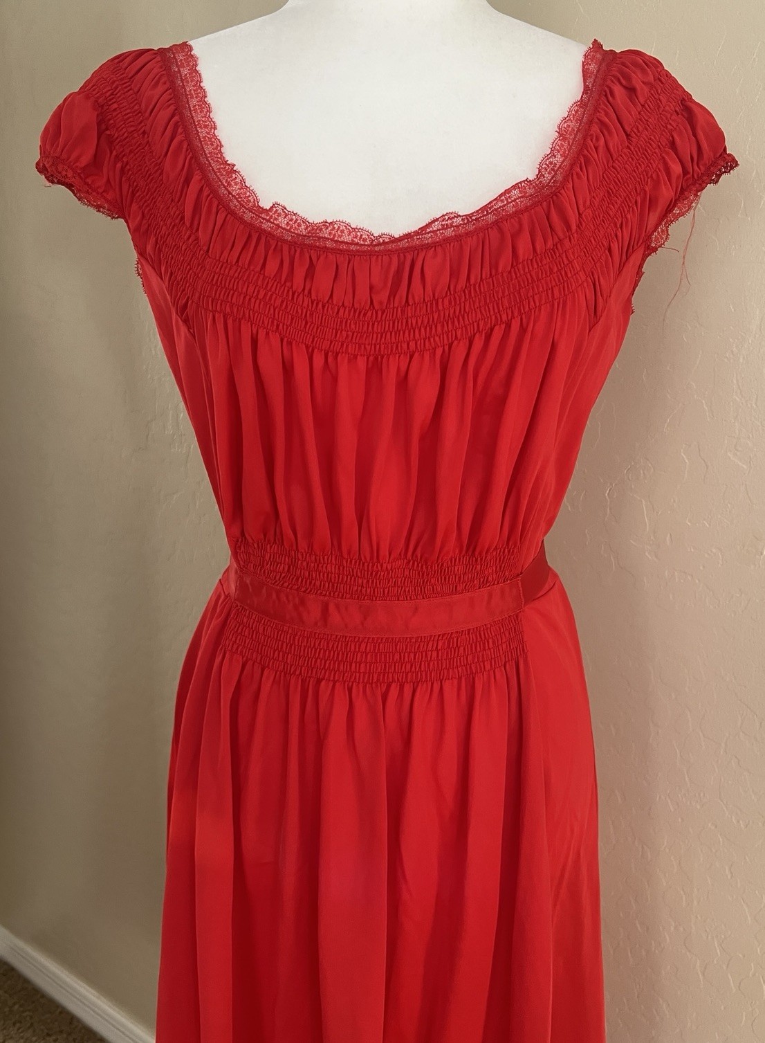Vintage 50s Artemis Ruched Lace Nightgown Siren Red SZ 38 Med Belted Cap Sleeve