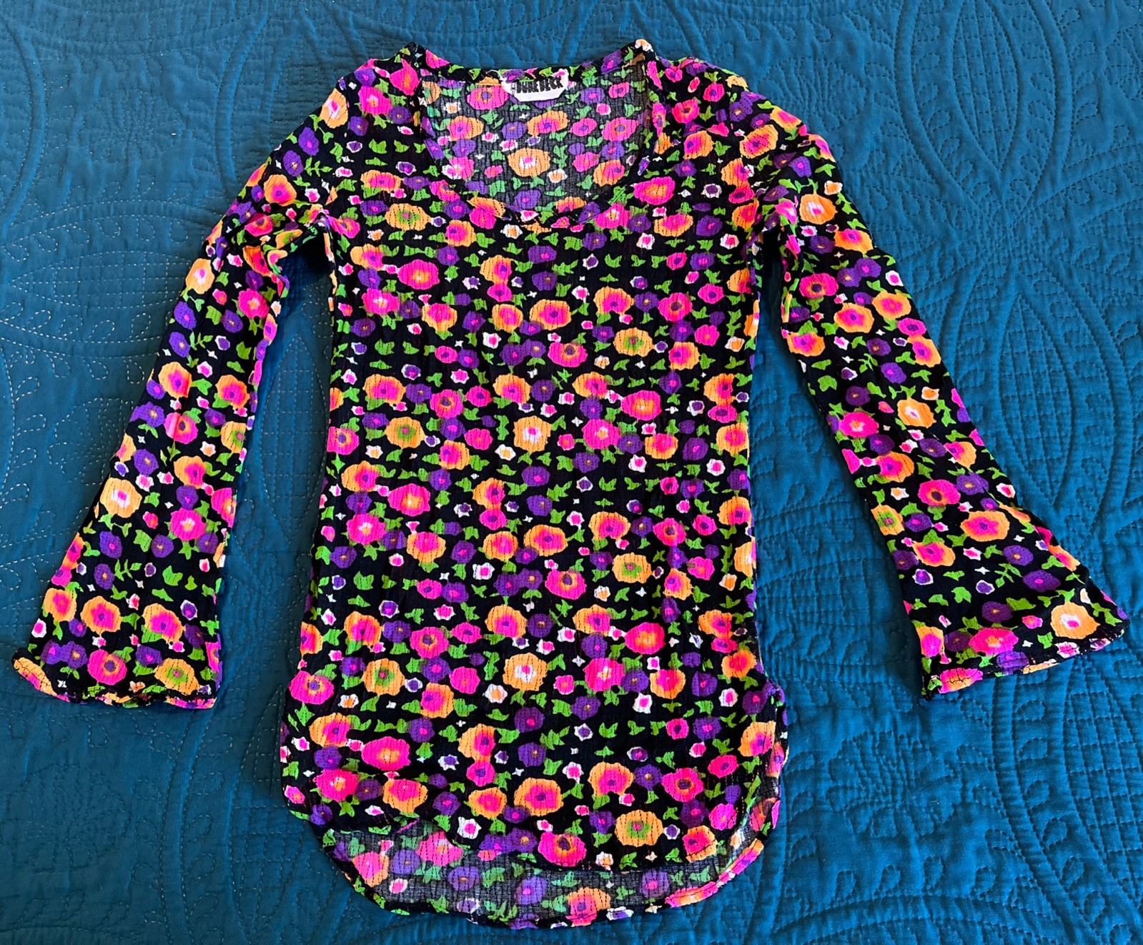 VTG Dune Deck Hippy 70’s Jr Long Sleeve Top, Floral, Bell Sleeves, S-M