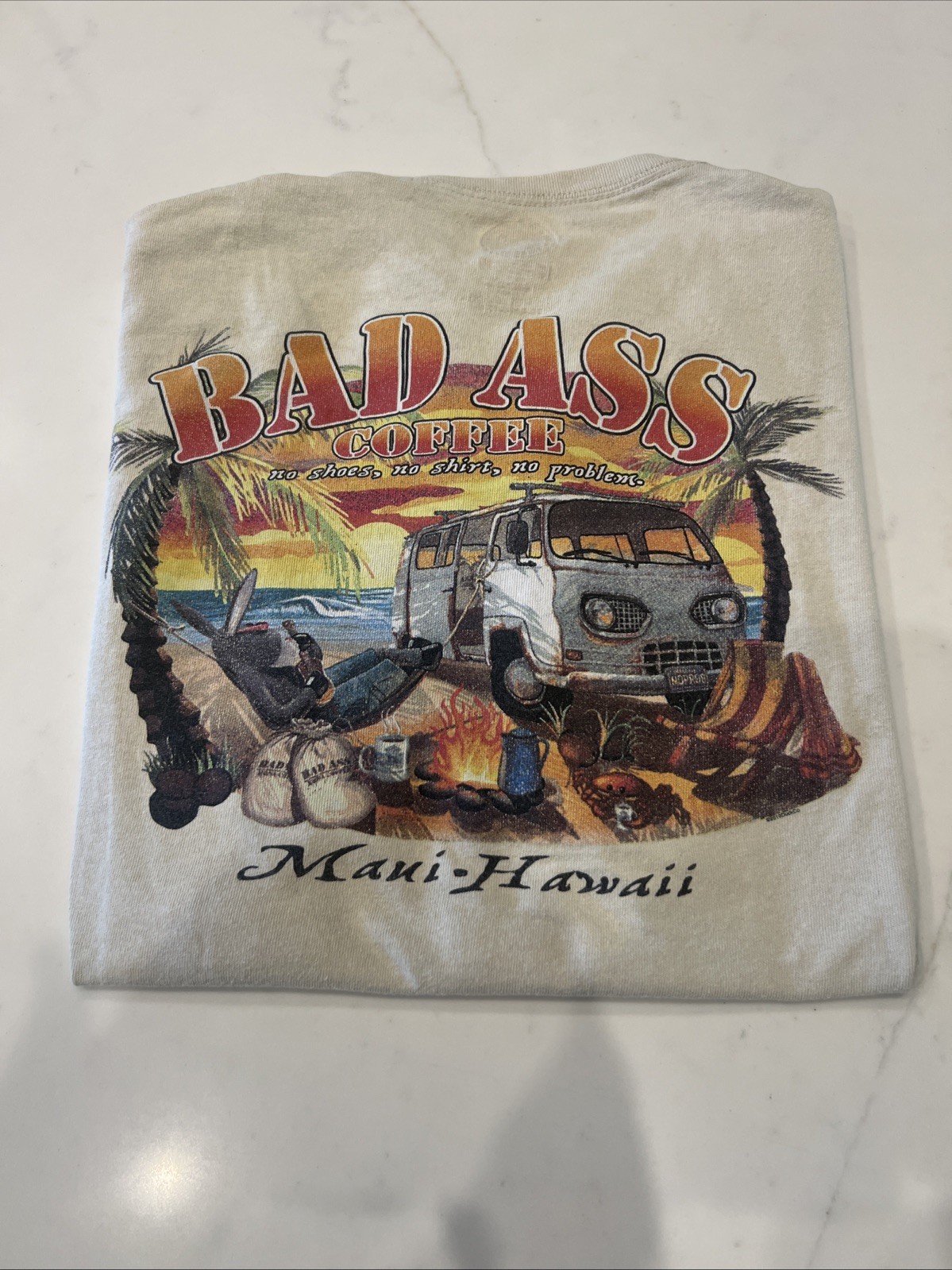 Vintage 90s Bad Ass Coffee Co. Maui Hawaii Graphic T-Shirt Khaki XL Mens