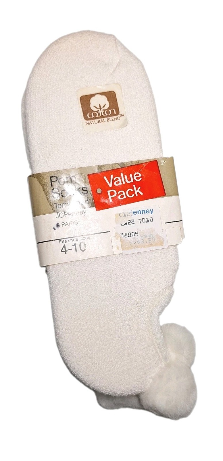 Vtg JcPenney Pom Ankle Socks x2 Pair Women’s Shoe Sz 4-10 Sports (Off White)
