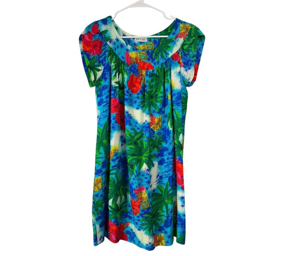 Vintage 60s 70s Size Small Medium Short Dress Rayon Hawaiian Palm Tree Hibiscus