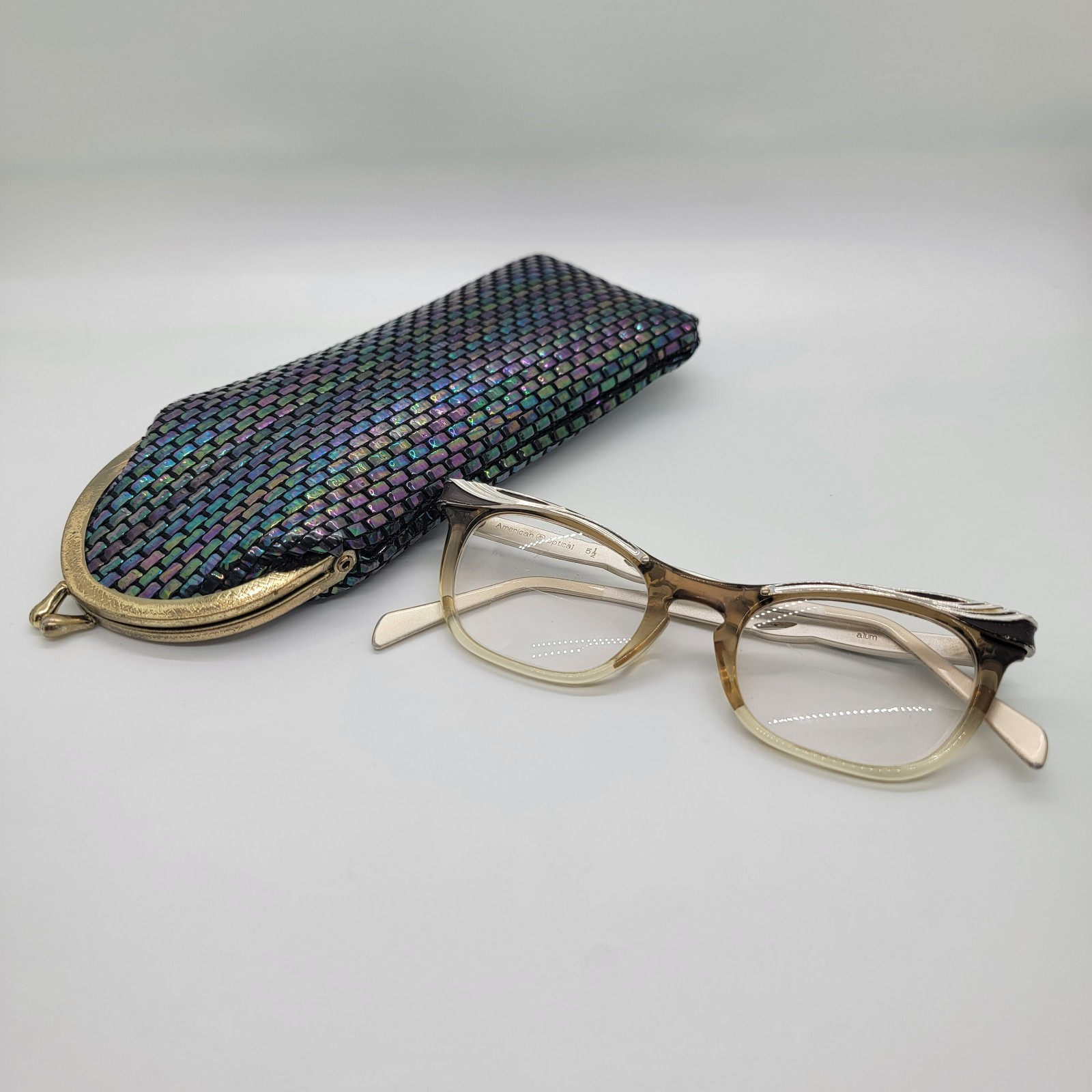 Vintage American Optical Aluminum Eyeglasses 46-20 Winged Feather Design & Case