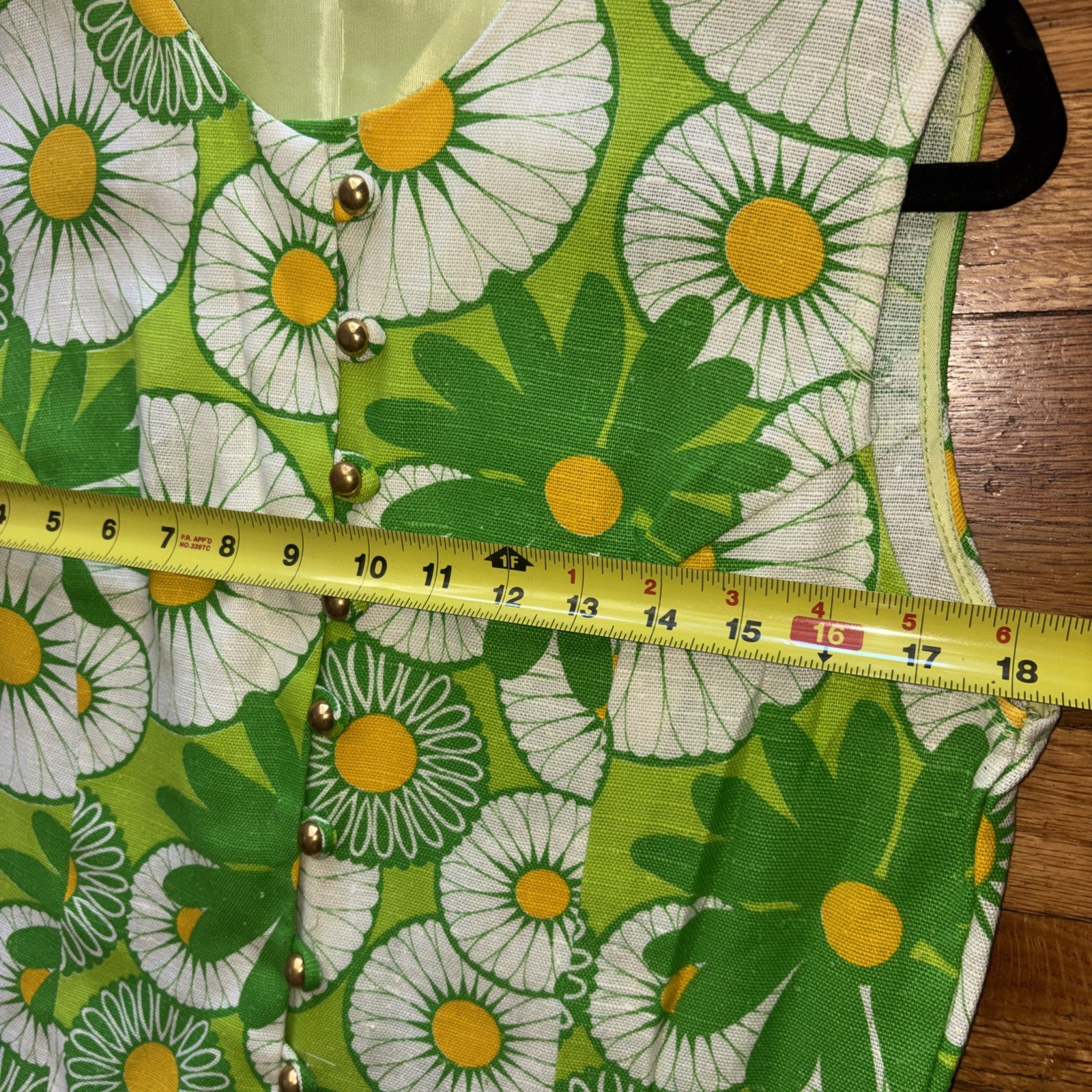 Vtg 60s Mod Daisy Shift Dress Green White ILGWU Union Made Floral Mini Size 18