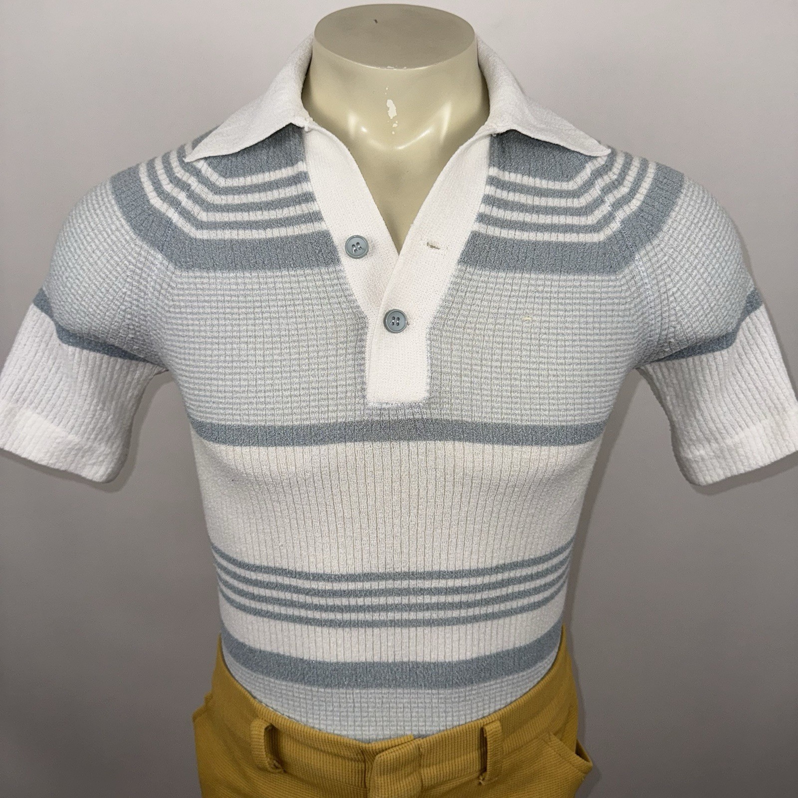 Vintage 60s 70s Knit Shirt Mens Polyester Stretch Disco Rat Pack MCM Mod Small