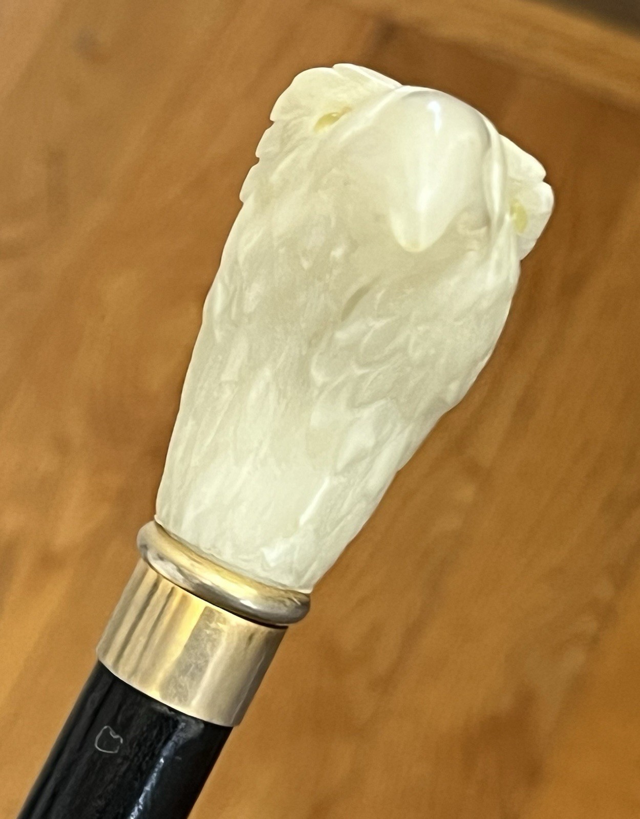 JADE & WOOD HAND-CARVED BIRD HEAD WALKING STICK GORGEOUS DETAILS H=35″