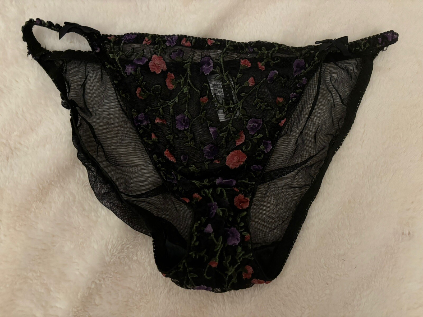VTG Ellemenno Panties Black Floral Lace Y2K 90s Large Nylon Sheer Sissy