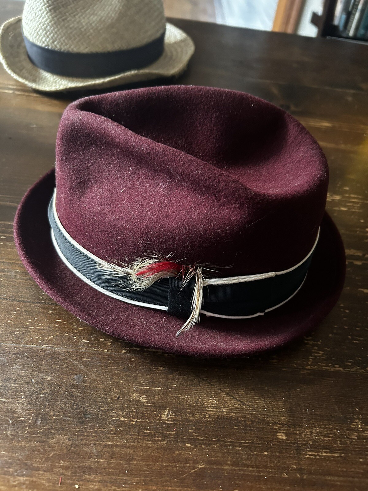 Vintage New York Hat Co. Wine Red/ 100% Wool Mens Fedora Hat Feather Size M USA