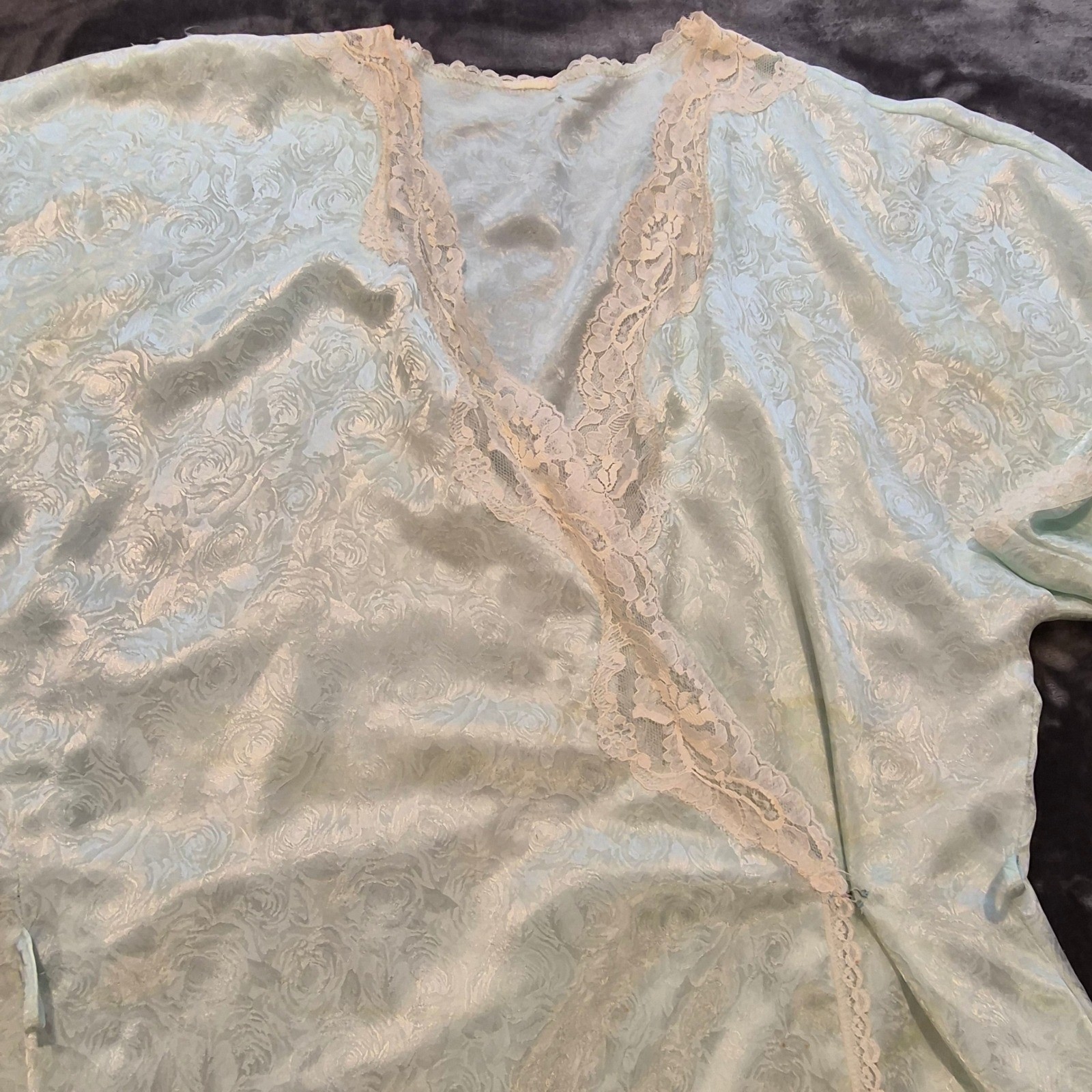 Vintage Floral Satin Jacquard Wrap Robe Light Blue Lace Trim Midi Loungewear