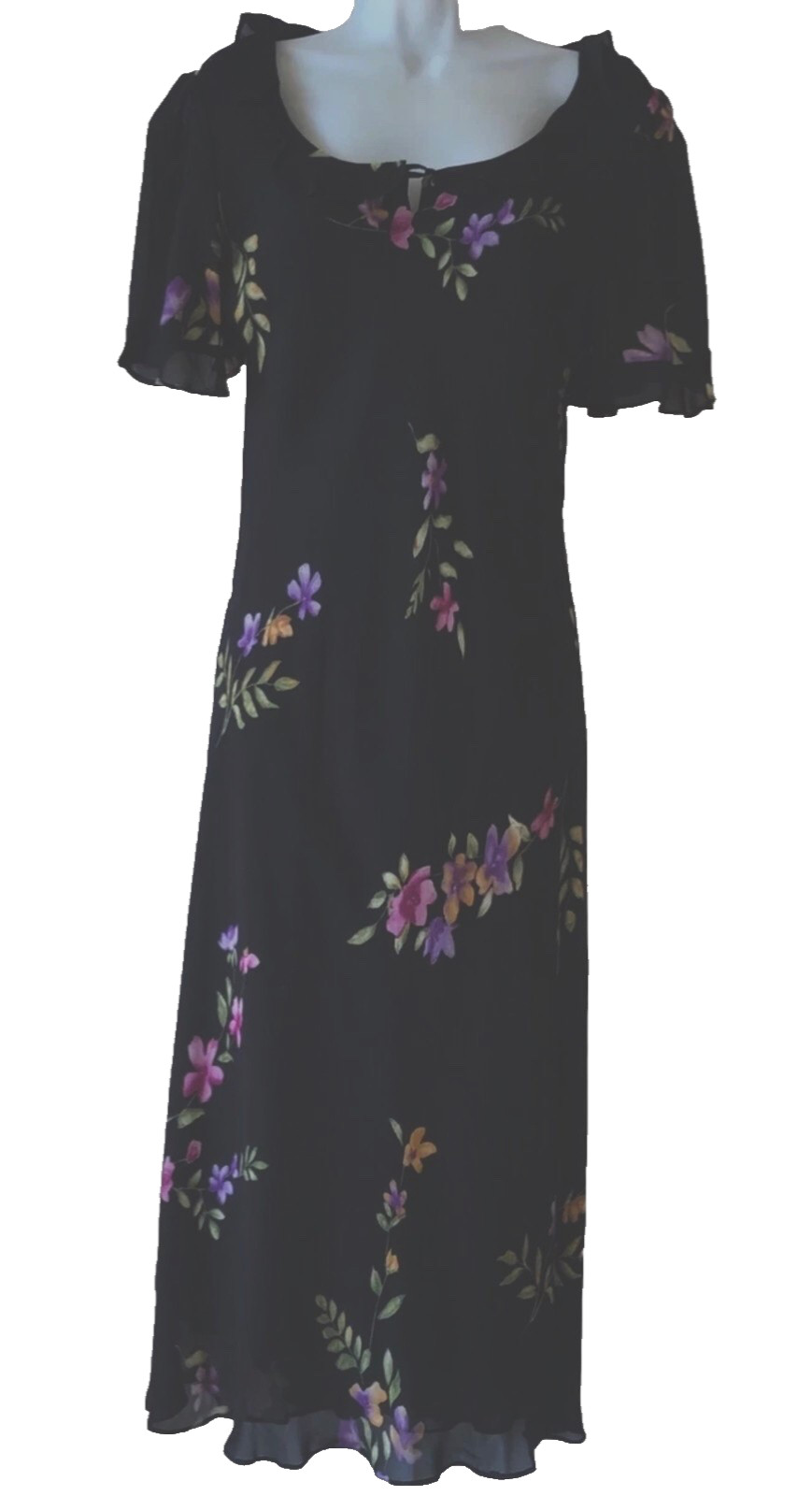 VTG POSITIVE ATTITUDE BLACK FLORAL 100% RAYON DRESS 10 EUC