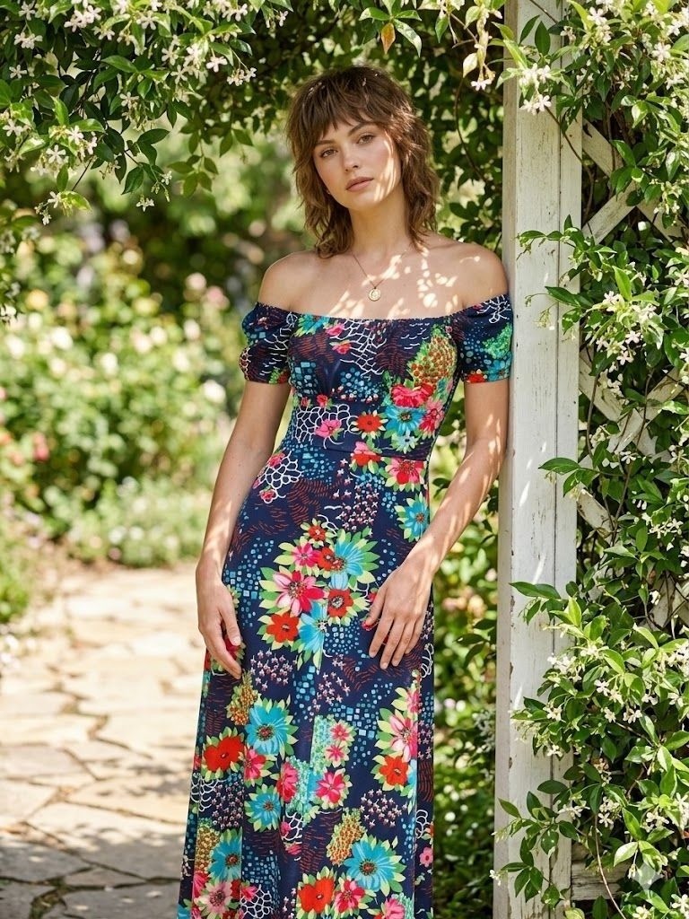 Vintage 70s Hippie Boho Floral Maxi Dress Medium Navy Off Shoulder Prairie Folk