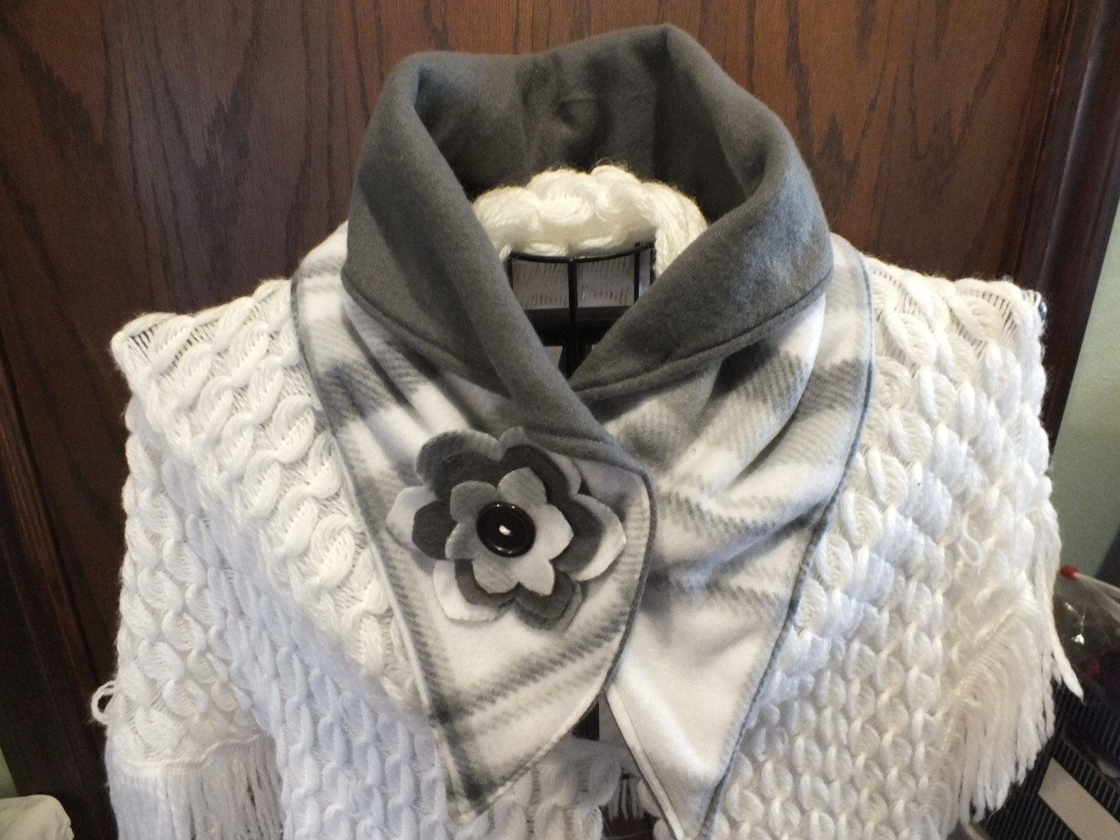 Handmade New Scarf Neck Warmer Charcoal White Handmade Flower 34×6″ Soft Fleece